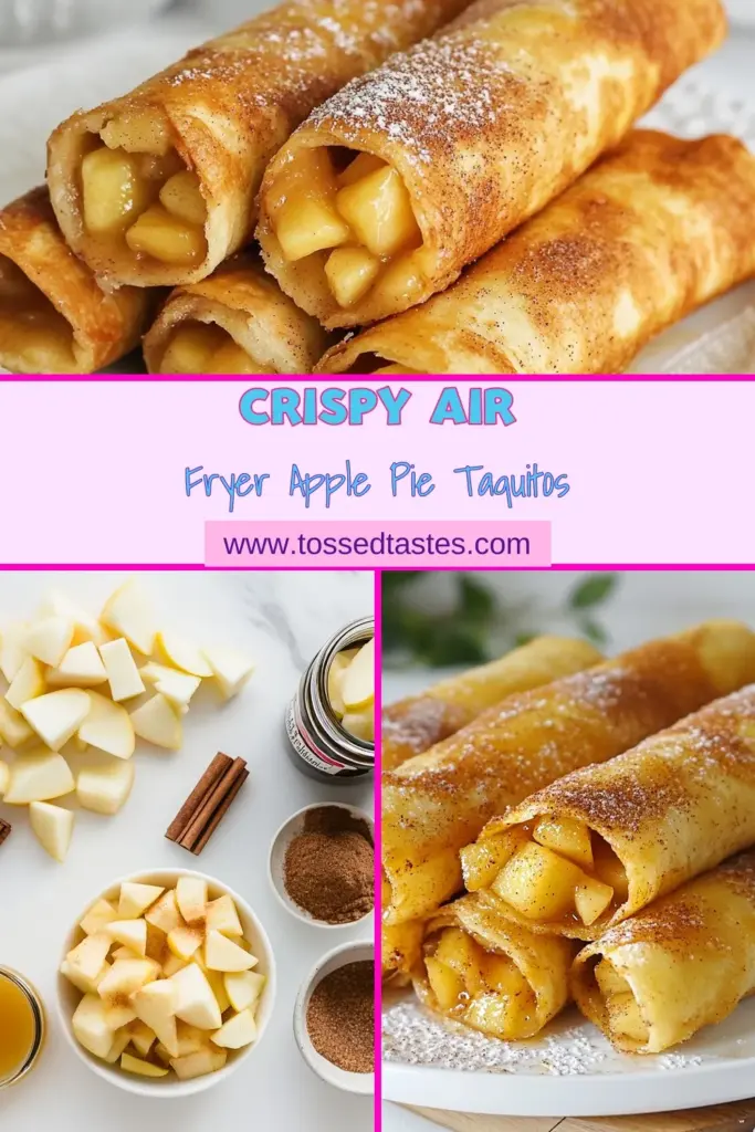 Indulge in the delightful flavors of Air Fryer Apple Pie Taquitos with this easy apple taquitos recipe! These cinnamon sugar taquitos are a fantastic way to enjoy a quick apple dessert recipe that's deliciously crispy and perfectly sweet. Perfect for any occasion, this air fryer dessert serves four and is ready in just 25 minutes. Try making these irresistible treats today and watch them disappear! Save this recipe for your next sweet craving! #AirFryerRecipes #DessertIdeas #QuickRecipes #AppleDessert