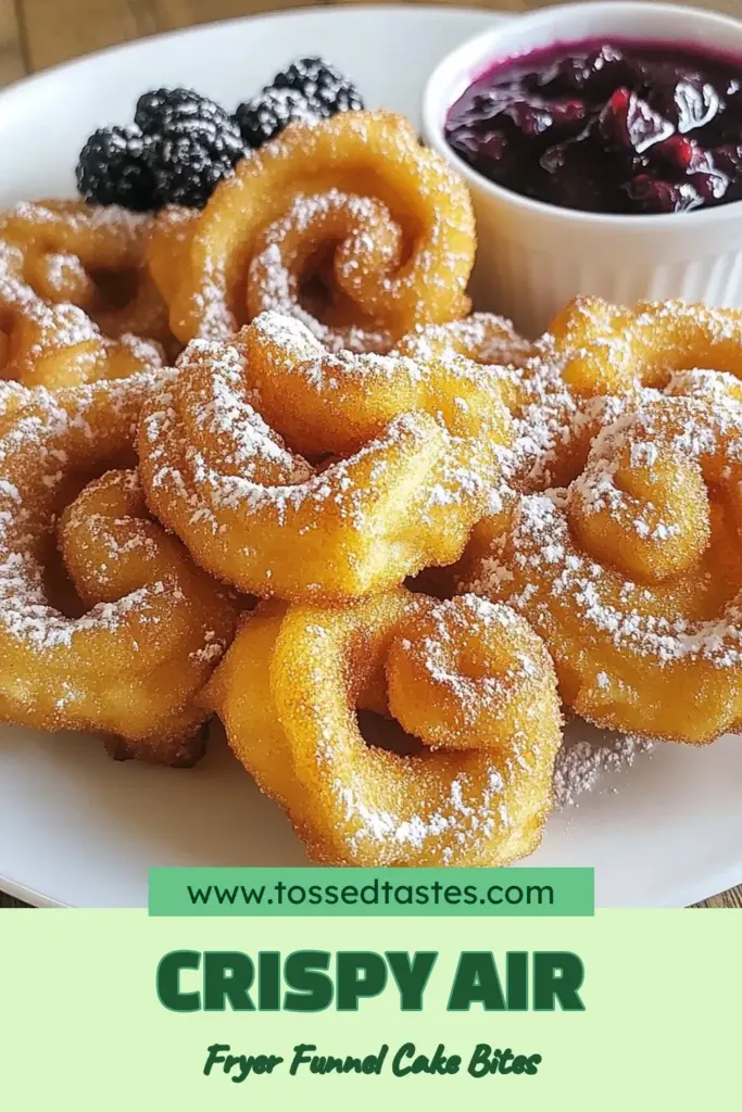 Indulge in these delicious air fryer funnel cake bites, the perfect easy funnel cake recipe for any occasion! With just a few simple ingredients, this quick dessert recipe is ideal for satisfying your sweet tooth without the mess of traditional frying. Homemade funnel cake has never been easier! Try this air fryer dessert today and enjoy warm bites dusted with powdered sugar. Save this recipe for a fun treat! #AirFryerFunnelCakeBites #EasyFunnelCakeRecipe #QuickDessertRecipes #AirFryerDesserts