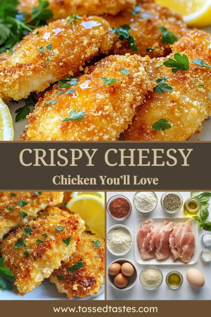 Indulge in this cheesy oven-fried chicken that's sure to impress! Try this crispy Parmesan chicken recipe for a delicious twist on healthy baked chicken tenders. Perfect for a quick weeknight dinner, these easy oven-baked chicken pieces coated in a flavorful panko breading are both satisfying and nutritious. Ready in just 45 minutes, it's a must-save for your recipe board! #OvenFriedChicken #HealthyRecipes #ChickenDinner #CookingAtHome