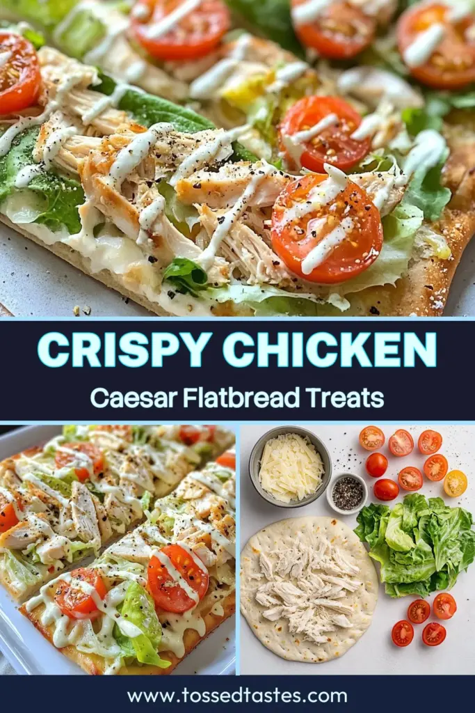 Discover the ultimate Chicken Caesar flatbread that's sure to impress! This easy chicken flatbread recipe combines tender cooked chicken, crisp romaine, and rich Caesar dressing for a delicious twist on a classic salad. Perfect as a healthy flatbread recipe that's quick to whip up, this Caesar salad flatbread is ideal for lunch or dinner. Save this recipe now and enjoy a flavorful meal tonight! #ChickenCaesarFlatbread #HealthyRecipes #EasyRecipes #FlatbreadRecipes