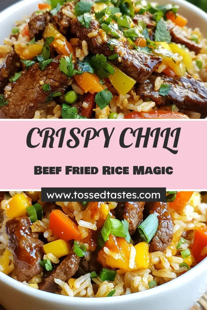 Discover the deliciousness of crispy chili beef fried rice with this easy beef fried rice recipe! This stir-fried rice with beef combines tender beef sirloin, fresh vegetables, and flavorful sauces, creating a satisfying jasmine rice dish perfect for any meal. Quick to prepare in just 30 minutes, it's a family favorite. Try this chili beef recipe today and elevate your dinner game! Save this recipe now! #CrispyChiliBeefFriedRice #BeefFriedRiceRecipe #StirFriedRiceWithBeef #ChiliBeefRecipe