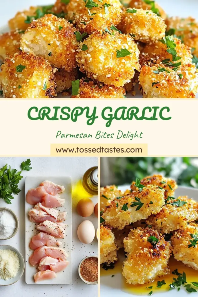 Savor the flavors of Garlic Parmesan Chicken Bites, a perfect addition to your collection of easy chicken recipes. These baked chicken snacks are crispy on the outside and tender on the inside, making them an ideal choice for chicken breast appetizers. Coated with Panko for extra crunch, they promise to delight your taste buds. Try this simple recipe today and elevate your snacking! Save for later! #GarlicParmesanChickenBites #EasyChickenRecipes #BakedChickenSnacks #ChickenBreastAppetizers