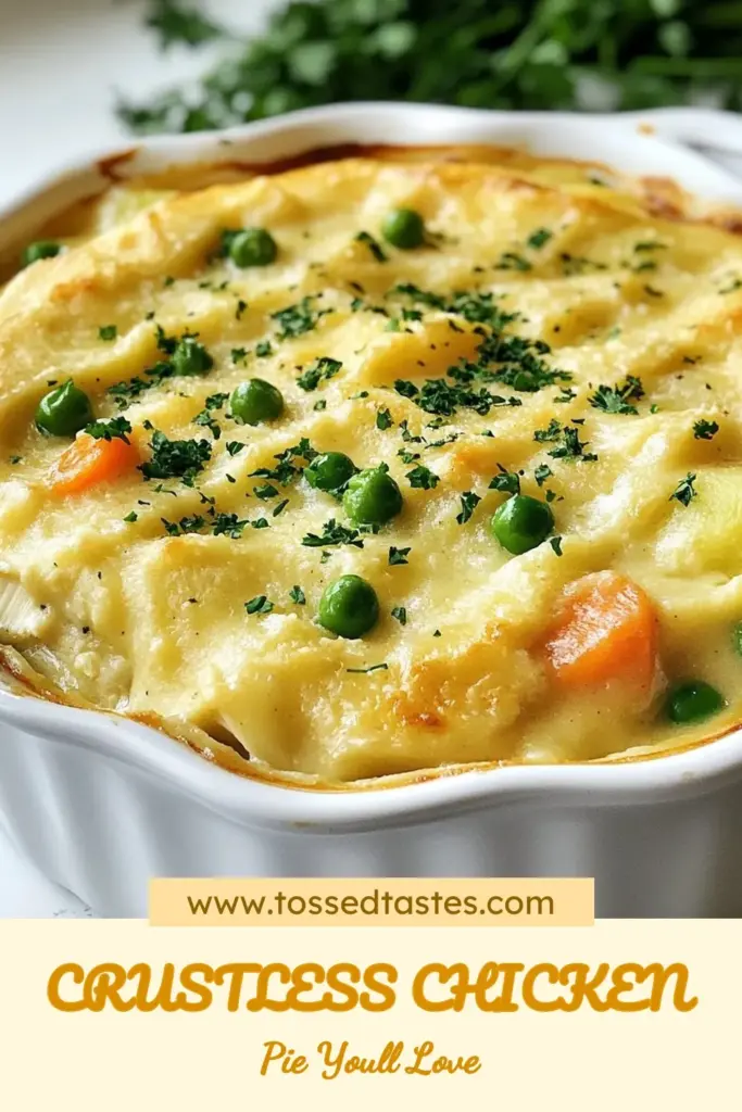 Discover the ultimate comfort food with this crustless chicken pot pie recipe! This easy chicken pot pie is perfect for busy weeknights and is a healthier take on traditional recipes. Enjoy a delicious chicken pot pie without crust that features tender chicken, veggies, and a creamy sauce. Satisfy your cravings with this comforting chicken casserole. Save this recipe for your next dinner! #CrustlessChickenPotPie #EasyChickenPotPie #HealthyChickenPotPie #ComfortFood