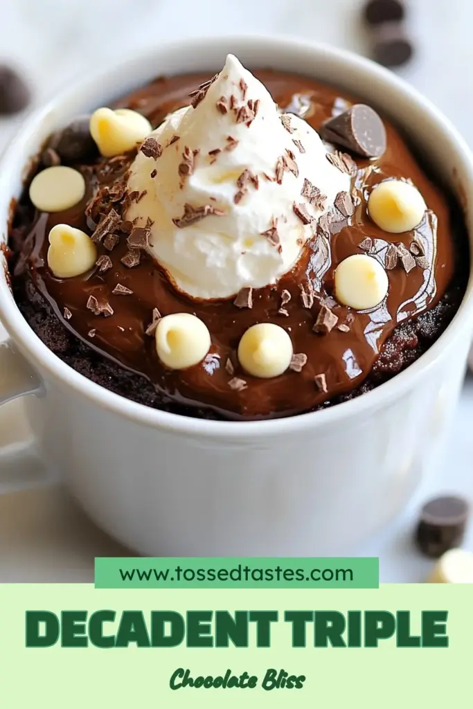Indulge in a rich, decadent triple chocolate mug cake that’s perfect for satisfying your sweet tooth! This easy mug cake recipe is made in minutes using your microwave, making it the ideal single serving dessert. Whip up this quick chocolate dessert with just a few simple ingredients for a delightful treat you can enjoy anytime. Ready to indulge? Save this recipe for your next craving! #MugCake #ChocolateDessert #EasyRecipes #SingleServing