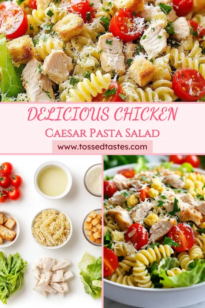 Looking for a delicious and satisfying meal? Try this Chicken Caesar Pasta Salad, an easy pasta salad recipe that's perfect for any occasion! Made with rotini pasta, juicy chicken, and fresh veggies, this Caesar dressing salad recipe is a quick healthy dinner salad ready in just 30 minutes. Perfect for meal prep or family gatherings! Save this recipe to your boards and enjoy a tasty dish tonight. #ChickenCaesarPastaSalad #EasyPastaSaladRecipe #QuickDinner #HealthySalad