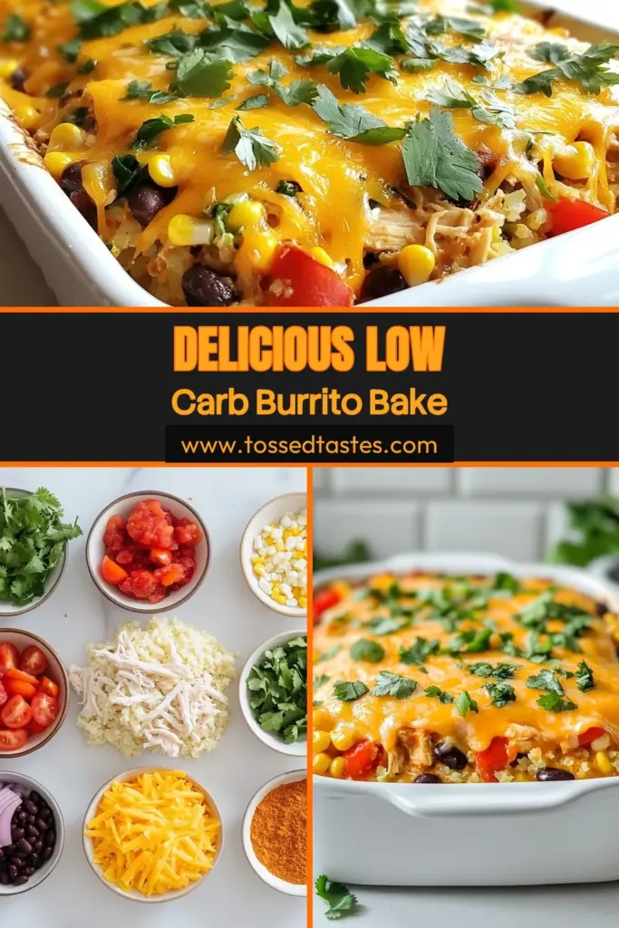 Looking for a delicious low-carb chicken casserole? Try this Low-Carb Chicken Burrito Casserole, a delightful blend of shredded chicken, cauliflower rice, and spices, making it a perfect choice for healthy chicken recipes. This easy-to-make chicken burrito casserole is loaded with flavor and is an ideal option for low-carb Mexican recipes. Serve it warm and enjoy! Save this recipe and add it to your meal prep! #LowCarbRecipes #HealthyDinner #MexicanCuisine #CauliflowerRice