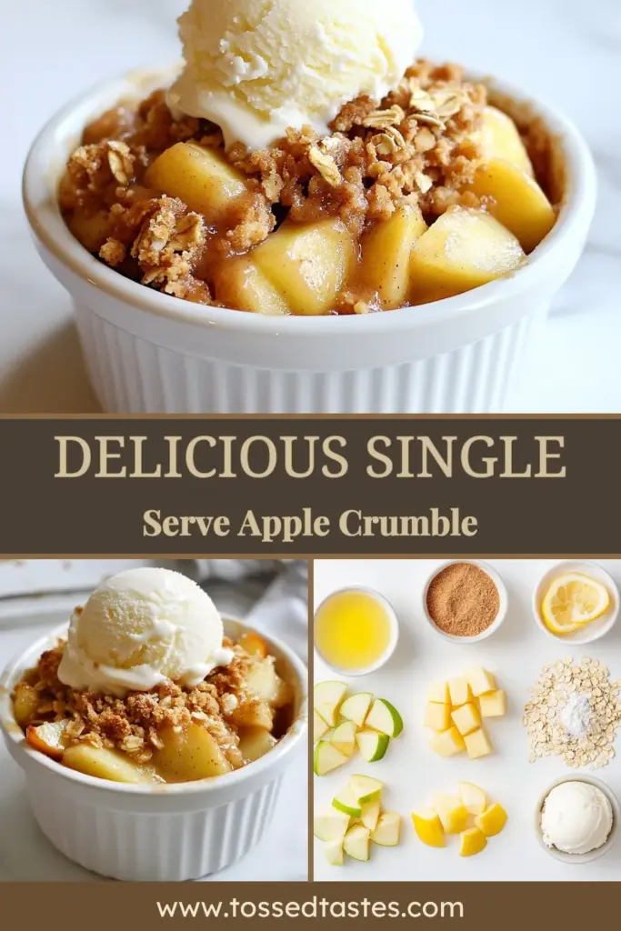 Indulge in this delicious single-serve apple crumble that's perfect for a quick dessert! This easy apple crumble recipe combines juicy baked apples with a sweet, crunchy topping, making it a delightful baked apple dessert. Serve it warm with a scoop of vanilla ice cream for an extra special treat. Quick and simple, this quick crumble recipe is your go-to for satisfying cravings. Try it today and save for later! #AppleCrumble #DessertRecipe #BakedApple #QuickDessert