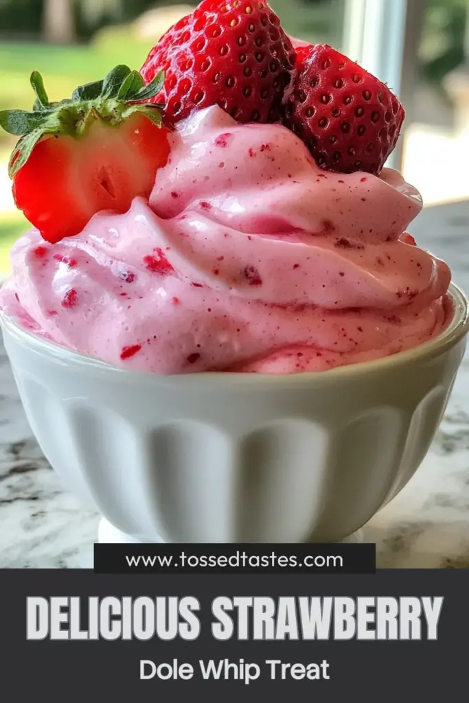 Discover the ultimate strawberry dole whip recipe that's perfect for hot days! This vegan strawberry dessert combines frozen strawberries and creamy coconut milk for an easy strawberry ice cream that everyone will love. Whip up this frozen strawberry treat in just 10 minutes and enjoy a delightful coconut milk dessert that’s not only delicious but also easy to make at home. Don’t forget to save this recipe for your summer gatherings! #StrawberryDoleWhip #VeganDessert #FrozenTreat #EasyIceCream