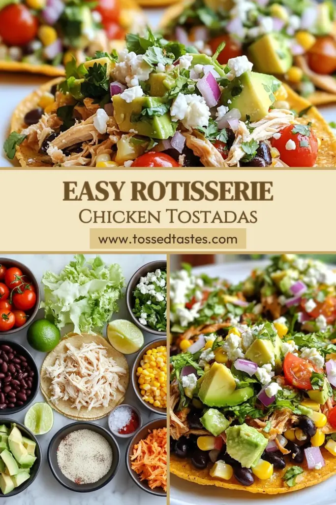 Discover the perfect weeknight meal with these delicious rotisserie chicken tostadas! This easy chicken tostadas recipe features savory shredded chicken layered on crispy tostada shells, topped with healthy tostada toppings like avocado, black beans, and fresh veggies. In just 25 minutes, you can whip up a quick dinner recipe that's sure to please everyone. Try these chicken taco salad tostadas tonight and elevate your dinner routine! Save this recipe now! #Tostadas #HealthyDinner #EasyRecipes #ChickenTacos