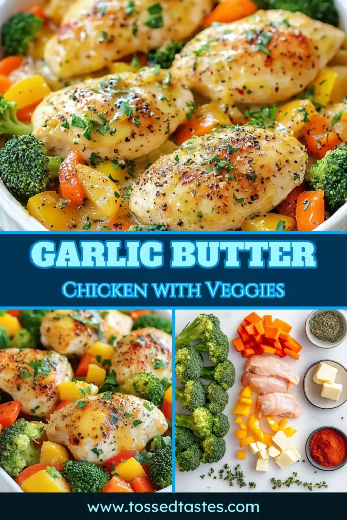 Discover the delicious Garlic Butter Chicken Recipe that's perfect for a quick weeknight meal! This one pan chicken and veggies dish combines succulent oven-baked garlic chicken with healthy broccoli, carrots, and bell peppers. In just 35 minutes, you’ll serve an easy chicken dinner recipe that everyone will love. Try it tonight and savor the flavorful goodness. Save this healthy chicken and vegetable dish for your week’s meal plan! #ChickenRecipe #EasyDinners #HealthyEating #OnePanMeals