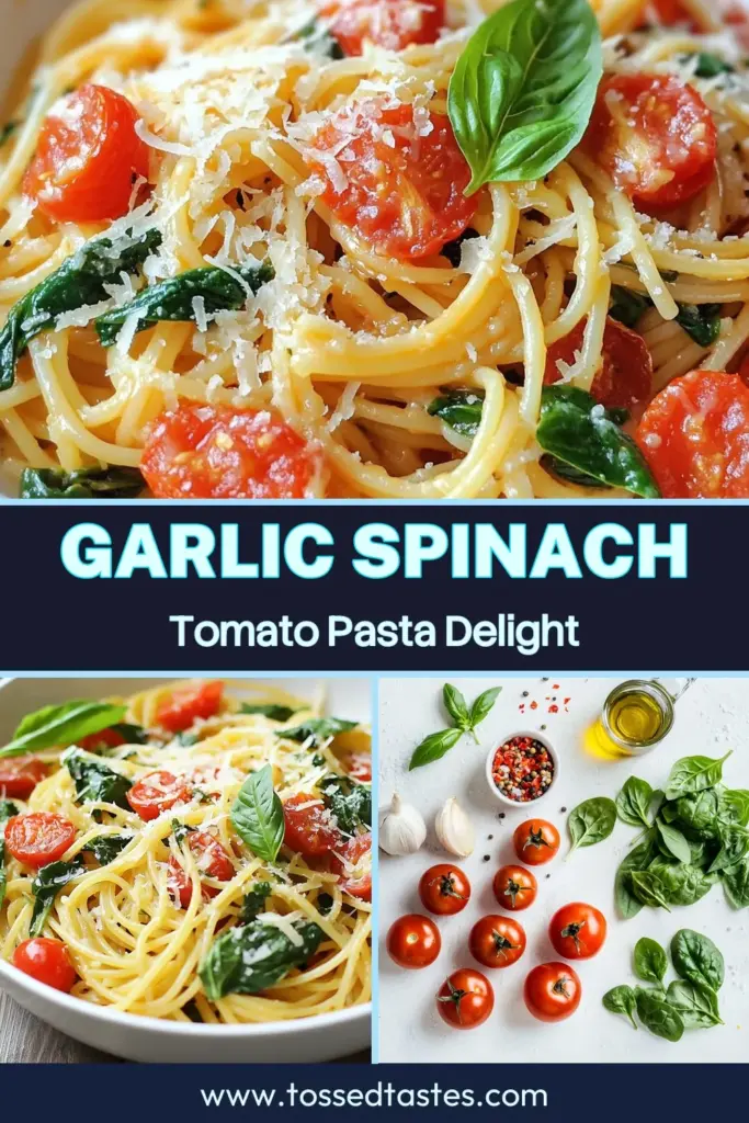 Discover the perfect weeknight meal with this Garlicky Spinach Tomato Pasta! This easy vegetarian pasta recipe combines garlic, fresh spinach, and delicious diced tomatoes for a healthy garlic pasta dish that’s ready in just 25 minutes. Enjoy a flavorful Tomato Basil Spaghetti that’s both satisfying and quick to make. Try this quick spinach tomato recipe today and elevate your dinner game! Save and share for later! #GarlicSpinachPasta #EasyVegetarianRecipe #HealthyPasta #QuickDinnerIdeas