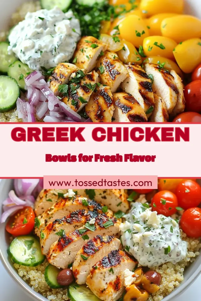Discover the deliciousness of Mediterranean chicken bowls with this Greek quinoa salad recipe! Packed with grilled chicken, vibrant veggies, and a creamy tzatziki sauce topping, this healthy Mediterranean meal is perfect for any occasion. Quick and easy to prepare, it’s a satisfying choice for dinner or meal prep. Save this recipe for your next culinary adventure! #MediterraneanMeal #GreekChickenBowls #HealthyRecipes #QuinoaSalad