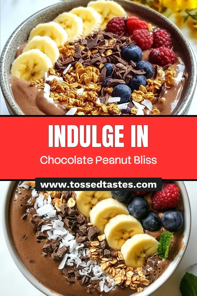 Indulge in a deliciously decadent Chocolate Peanut Butter Smoothie Bowl that's not only a treat but also a healthy smoothie bowl option! This easy smoothie bowl recipe features ripe bananas and creamy peanut butter for a rich flavor. Top it with granola, fresh berries, and cacao nibs for an extra crunch. Perfect for breakfast or a snack, this banana smoothie bowl recipe is a must-try! Save this recipe for later and enjoy! #SmoothieBowl #HealthyEats #ChocolateLovers #PeanutButterFans