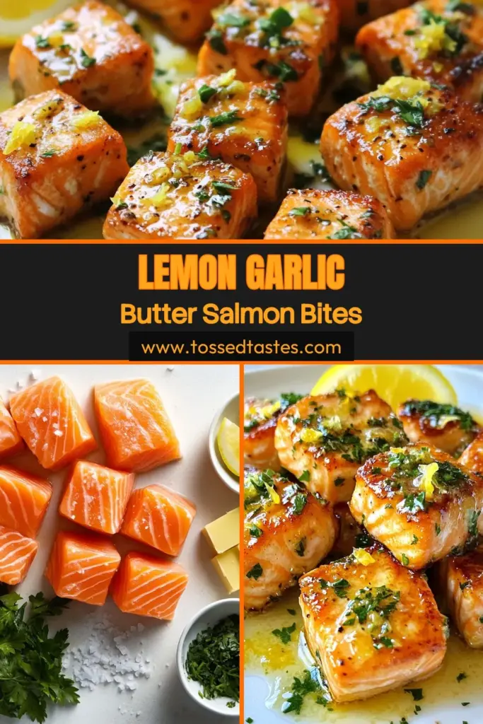Indulge in these Lemon Garlic Butter Salmon Bites, a quick and easy salmon recipe perfect for any meal or as a delightful seafood appetizer. This butter garlic salmon dish features tender salmon cubes infused with zesty lemon and aromatic garlic, making it a healthy choice for seafood lovers. Elevate your dining experience with this delicious recipe! Save it now and enjoy a tasty twist on healthy salmon dishes! #EasySalmonRecipe #QuickSeafoodAppetizer #HealthySalmonDishes #ButterGarlicSalmon