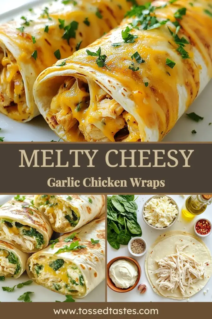 Indulge in these Cheesy Garlic Chicken Wraps, the ultimate cream cheese chicken recipe! Quick and easy to prepare, these mozzarella chicken wraps are perfect for lunch or dinner. Using fresh spinach tortilla wraps, each bite is packed with flavor. Get ready to impress your family with this delicious meal in just 30 minutes. Save and try this easy chicken wrap recipe today! #CheesyGarlicChickenWraps #CreamCheeseChickenRecipe #EasyChickenWraps #MozzarellaChickenWraps