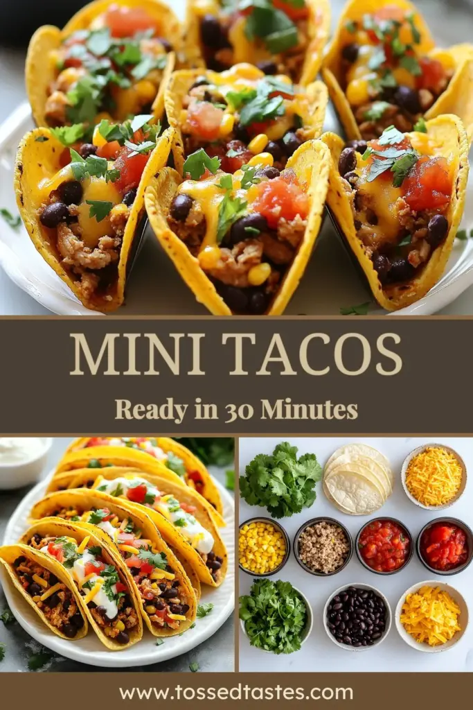 Looking for a fun taco night recipe that’s quick and easy? Try these mini baked chicken tacos! This ground chicken taco recipe features seasoned ground chicken, black beans, corn, and cheese, all snugly nestled in chicken taco shells. Perfect for a weeknight dinner, these easy baked tacos come together in just 30 minutes. Save this delicious recipe for your next Taco Tuesday! #MiniBakedChickenTacos #EasyBakedTacos #TacoNight #GroundChickenTacoRecipe