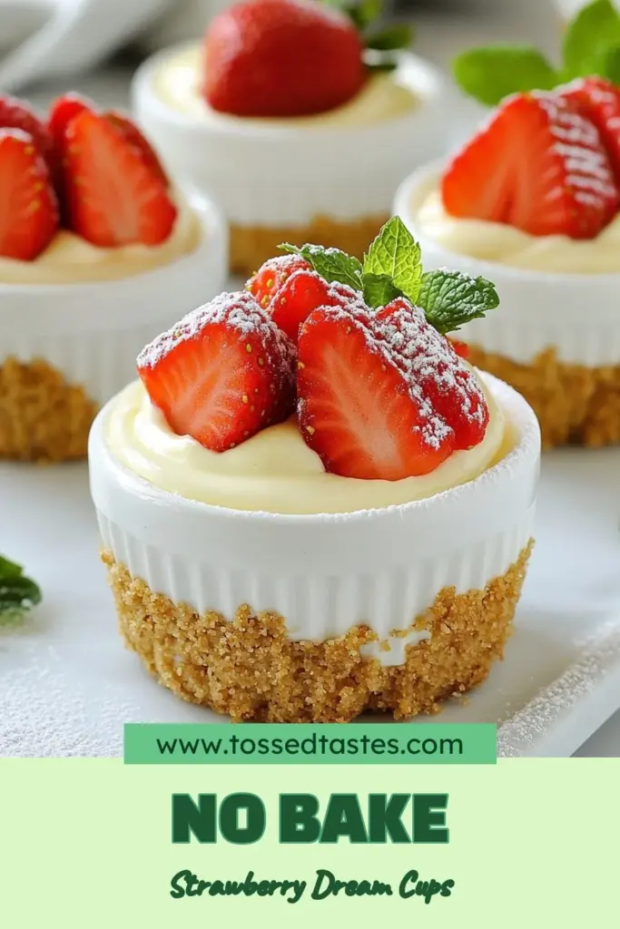 Indulge in these No-Bake Strawberry Cheesecake Cups for a delightful dessert experience! This easy No-Bake Strawberry Cheesecake recipe combines a buttery graham cracker crust with a creamy cream cheese strawberry dessert. Perfect for any occasion, these Strawberry Cheesecake Cups are a delicious No-Bake Cheesecake variation that requires just 20 minutes of prep. Save this recipe and impress your friends with this delightful treat! #NoBakeDesserts #StrawberryCheesecake #DessertGoals #CreamCheeseDessert