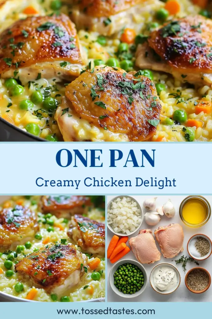 Discover this delicious creamy smothered chicken recipe that turns ordinary chicken and rice into a comforting one-pan chicken dinner. With tender chicken thighs, rich cream, and vibrant peas and carrots, this easy chicken thighs recipe will be your new go-to comfort food chicken dish. Perfect for family dinners! Save this chicken and rice casserole for your next meal. #CreamyChicken #OnePanDinner #EasyRecipes #ComfortFood