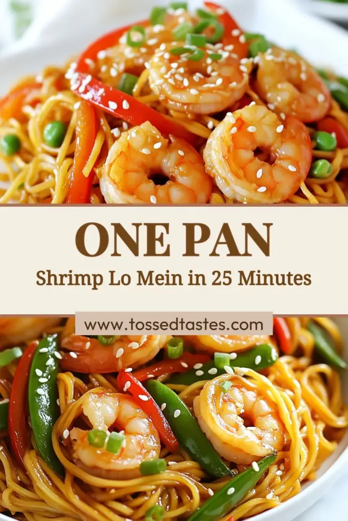 Discover the ultimate One-Pan Shrimp Lo Mein recipe that's a perfect weeknight solution for a quick shrimp dinner! This Easy Shrimp Lo Mein Recipe features tender shrimp, colorful vegetables, and savory sauces all cooked in one pan. Ready in just 25 minutes, it's a delightful shrimp stir-fry recipe your whole family will love. Try this delicious Lo Mein recipe with vegetables today and enjoy easy meal prep! Save for later! #ShrimpLoMein #QuickDinner #EasyRecipes #StirFry