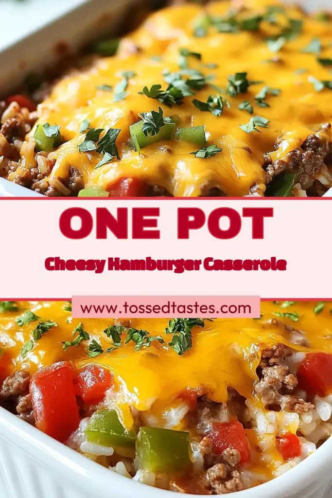 Looking for a delicious and easy ground beef casserole? Try this Hamburger Rice Casserole, a one-pan rice dish that combines savory flavors and gooey cheese for the ultimate comfort food recipe. Loaded with ground beef, bell peppers, and tomatoes, this cheesy beef casserole is perfect for busy weeknights. Save this recipe to make your family smile! #HamburgerRiceCasserole #OnePanRecipe #ComfortFood #EasyCasserole