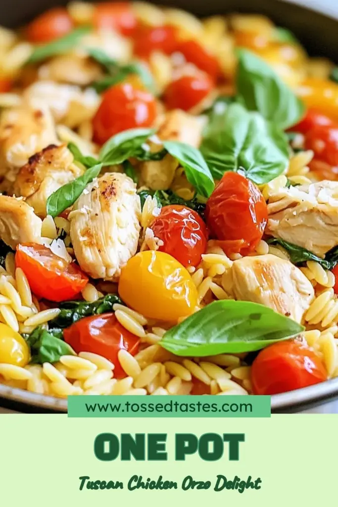 Discover the magic of One-Pot Tuscan Chicken with this easy Orzo Chicken Recipe! This Skillet Orzo Recipe combines tender chicken, vibrant vegetables, and orzo pasta for a delicious Chicken and Orzo Dish that's ready in just 30 minutes. Perfect for weeknight dinners, this hearty meal will become a family favorite. Try it today and enjoy a taste of Tuscany! Don’t forget to save it for later! #OnePotMeals #TuscanChicken #OrzoRecipe #EasyDinners