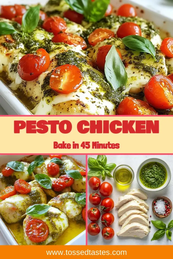 Discover the ultimate Baked Pesto Chicken recipe for a healthy chicken dinner that's both easy and delicious. This basil pesto chicken recipe features juicy chicken with mozzarella cheese, topped with cherry tomatoes for extra flavor. Perfect for busy weeknights, it’s an easy chicken recipe the whole family will love. Try this delightful dish today and elevate your dinner game! Save this recipe for later! #BakedPestoChicken #EasyChickenRecipes #HealthyDinner #ChickenWithMozzarellaCheese