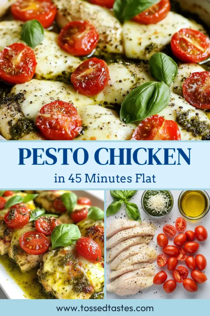 Looking for an easy chicken dinner? Try this delicious pesto chicken recipe! Our baked chicken with pesto is topped with cherry tomatoes and melty mozzarella for a mouthwatering meal. In just 45 minutes, you can enjoy a healthy chicken recipe that’s perfect for busy weeknights! Don't miss out on this mozzarella pesto chicken dish that everyone will love! Save this recipe for later! #PestoChicken #HealthyRecipes #EasyDinner #BakedChicken