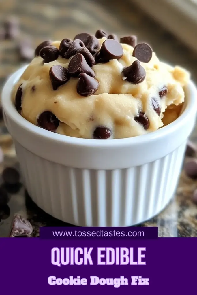 Indulge in this single-serve cookie dough that's perfect for satisfying your sweet tooth! This easy cookie dough recipe for edible chocolate chip cookie dough is a quick dessert recipe you can whip up in just 5 minutes. No-bake and delicious, it's perfect for a late-night treat. Enjoy straight from the bowl and customize with your favorite toppings! Save this single-serve cookie dough recipe for a delightful dessert! #CookieDough #DessertRecipes #NoBake #ChocolateChipCookies