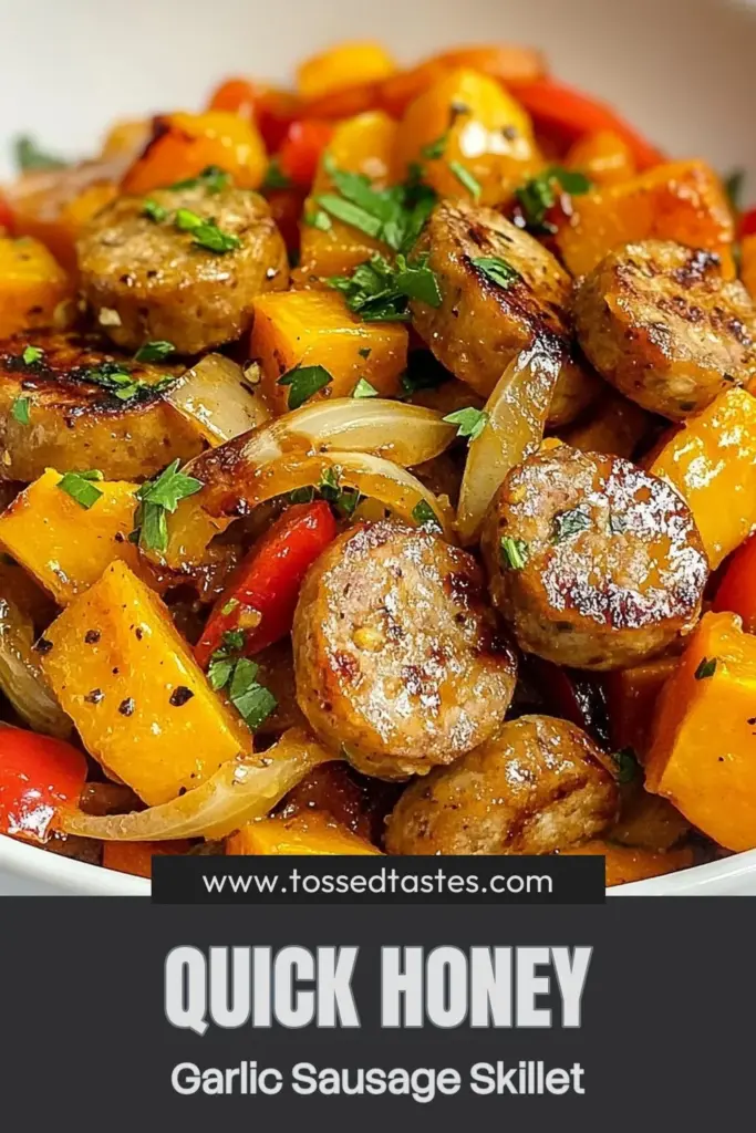Discover the delightful blend of flavors in this Honey Garlic Sausage Sweet Potato Skillet recipe. This easy skillet meal features juicy chicken sausage and tender sweet potatoes, all glazed in a sweet honey garlic sauce. Perfect for busy weeknights, it's healthy, satisfying, and ready in just 30 minutes. Don't miss out on this delicious dish; save it now! #HoneyGarlicSausage #SweetPotatoSkilletRecipe #EasySkilletMeals #HoneyGarlicGlaze