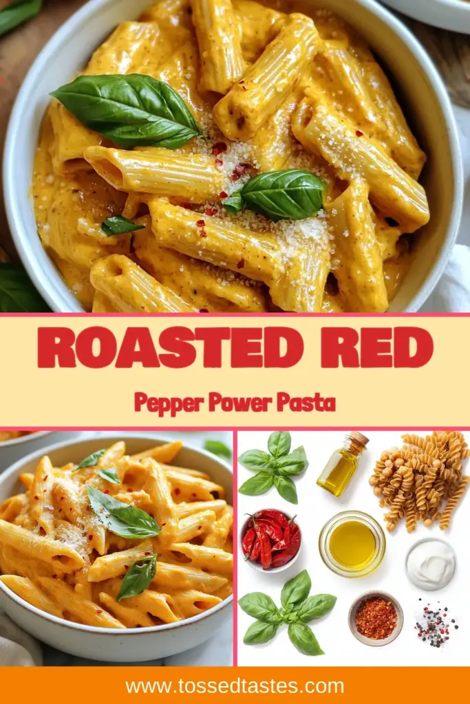 Discover the deliciousness of Roasted Red Pepper Pasta with this protein-packed pasta recipe! Made with whole grain pasta and chickpeas, this healthy pasta dish is enriched with a creamy red pepper sauce that’s easy to make. Perfect for a quick dinner or meal prep, it’s satisfying and nutritious. Get cooking today for a taste you’ll love! Make sure to save this creamy red pepper sauce pasta for later! #HealthyEating #PastaRecipe #MealPrep #ComfortFood