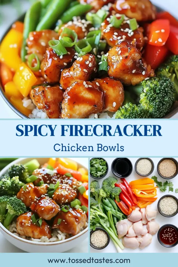 Elevate your dinner game with these vibrant firecracker chicken bowls! Packed with flavor, these spicy chicken rice bowls are perfect for quick, easy weeknight meals. This recipe blends tender marinated chicken with fresh veggies over nutritious brown rice, making it one of the best healthy chicken dinner recipes around. Discover the joy of making Asian-inspired chicken dishes that everyone will love. Try it tonight! #firecrackerchicken #spicychickenrice #healthydinner #easymeals