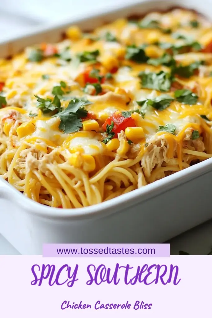 Savor the flavors of this Spicy Southern Chicken Spaghetti Casserole, a ultimate comfort food casserole your family will love. This cheesy spaghetti bake combines tender chicken, vibrant veggies, and a spicy kick, making it the perfect easy chicken dinner. Ready in just one hour, it’s ideal for busy weeknights. Try this Southern chicken casserole recipe today and transform your dinner routine! Save this recipe for later! #chickendinner #casserolerecipe #comfortfood #spaghetticasserole
