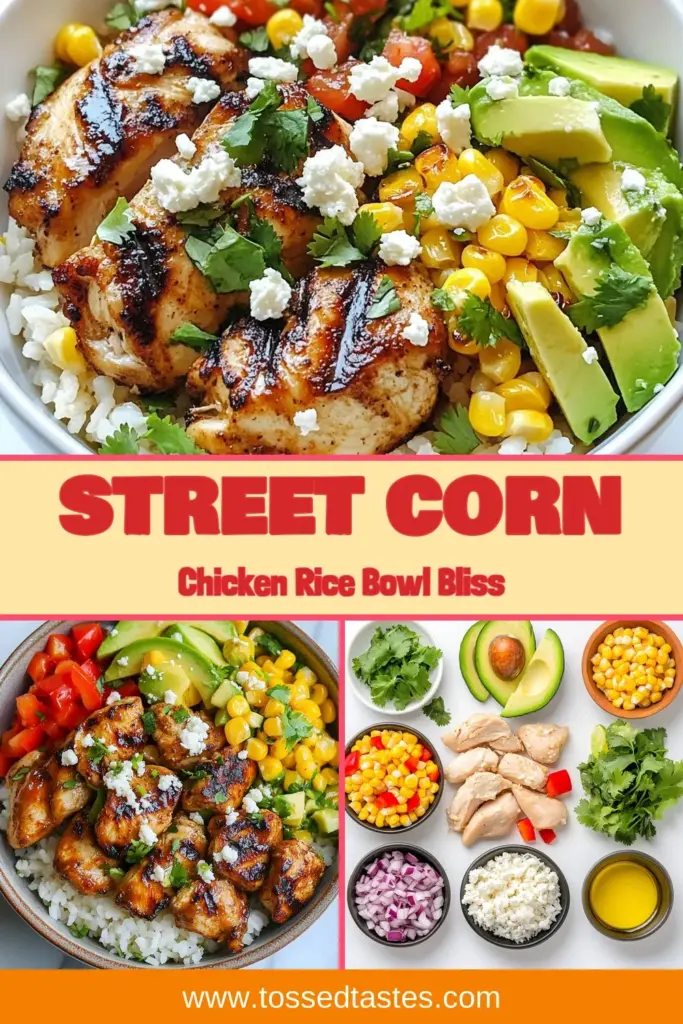 Indulge in the deliciousness of Street Corn Chicken Bowls with this easy Chicken and Rice Bowls Recipe! Perfect for a quick weeknight meal, these Healthy Chicken Rice Dinners are packed with flavors from Mexican Street Corn Chicken. Simply marinate the chicken, sauté vibrant veggies, and serve over a bed of rice for a satisfying dinner. Try this delightful rice bowl today! Save this recipe for your next meal inspiration! #StreetCornChickenBowls #EasyRiceBowlRecipes #HealthyDinner #MexicanFlavors