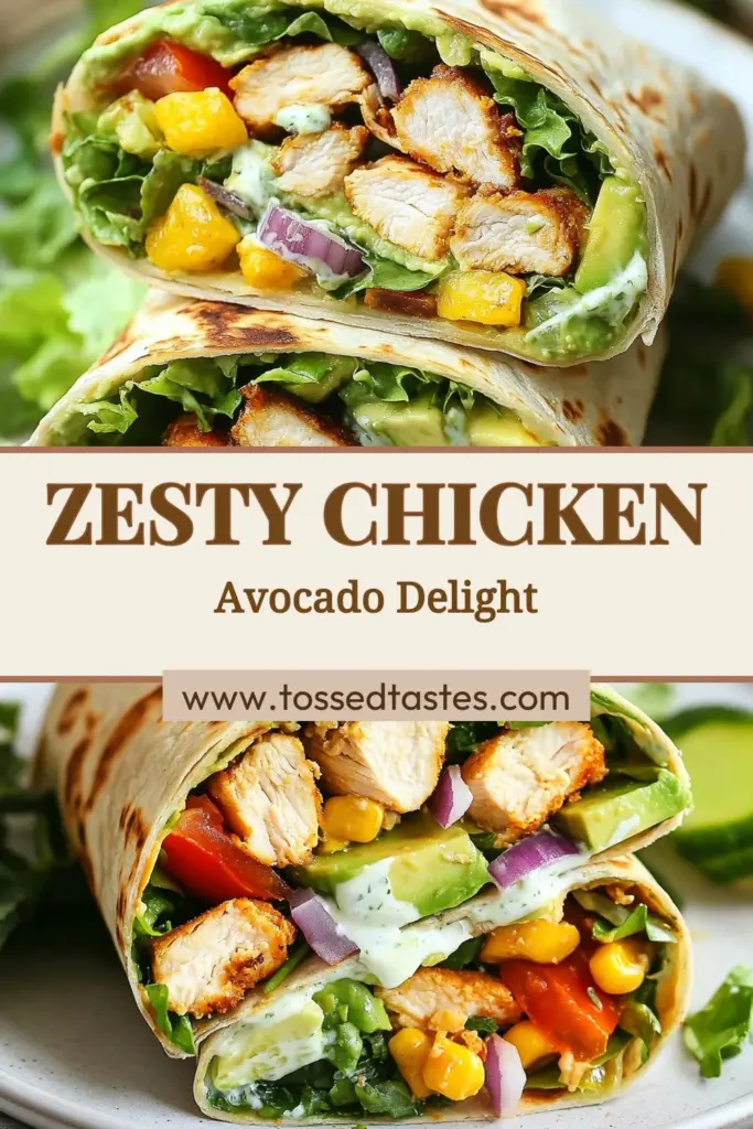 Enjoy these Zesty Chicken Wraps for a delightful twist on your lunch! This Avocado Wrap Recipe features juicy chicken and creamy avocado wrapped in whole wheat tortillas, making it a perfect choice for Healthy Chicken Avocado Wraps. In just 30 minutes, you'll have Quick Chicken Lunch Ideas that everyone will love. Give this simple recipe a try and get ready to impress! Save it for later! #ChickenWraps #HealthyRecipes #AvocadoLovers #QuickLunchIdeas