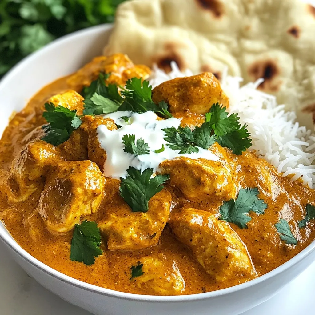 - 500g chicken breast, diced - 1 cup plain yogurt - 2 tablespoons ginger-garlic paste - 2 teaspoons garam masala - 1 teaspoon turmeric powder - 1 teaspoon red chili powder - Salt to taste - 3 tablespoons butter - 1 onion, finely chopped - 2 tomatoes, pureed - 1/2 cup heavy cream - 2 tablespoons kasuri methi (dried fenugreek leaves) The main ingredient is chicken breast. I prefer using fresh chicken for the best taste. The yogurt helps keep the chicken tender and juicy. The ginger-garlic paste adds a strong flavor. Garam masala, turmeric, and red chili powder create a warm spice blend. Don’t forget to season with salt; it brings all the flavors together. Butter adds richness, while onions and tomatoes form the base of the sauce. Heavy cream gives the dish its creamy texture. Lastly, kasuri methi adds a unique flavor that is key to butter chicken. - Fresh coriander leaves - Additional toppings For garnishes, I love using fresh coriander leaves. They add a bright touch and enhance the dish's look. You can also add a drizzle of cream on top for extra richness. Some people enjoy adding nuts or seeds for crunch. You can get creative! {{ingredient_image_1}} To make the best butter chicken, you need to start with the chicken. In a bowl, combine the diced chicken, yogurt, ginger-garlic paste, garam masala, turmeric powder, red chili powder, and salt. Mix these well. The yogurt helps to tenderize the chicken and adds richness. Let the chicken marinate for at least 30 minutes. If you can, let it sit overnight. This time allows the flavors to soak in deeply. A good marinade makes a big difference in taste. Next, heat a large pan over medium heat. Add 2 tablespoons of butter. Once melted, toss in the chopped onion. Sauté until the onion is golden brown. This step builds a great base for your sauce. Now, stir in the marinated chicken. Cook the chicken, stirring often, for about 8-10 minutes. You want it browned. After that, add the pureed tomatoes. Cook this mix for another 5-7 minutes. When the oil starts to separate, you know it's ready. Reduce the heat to low. Stir in the heavy cream and the last tablespoon of butter. Let everything melt together into a rich sauce. This step adds creaminess and depth. Sprinkle in the kasuri methi. Mix well to infuse its unique flavor into the sauce. Cook for an additional 2-3 minutes. Taste your sauce and adjust the salt if needed. For a beautiful finish, garnish with fresh coriander leaves. Serve the butter chicken with fluffy basmati rice or warm naan. Enjoy your delicious meal! Marination secrets for ultimate taste Marinating chicken boosts flavor. Use yogurt, ginger-garlic paste, and spices. Let it sit for 30 minutes, or overnight for richer taste. This step adds depth and tenderness. Importance of slow cooking Slow cooking lets flavors blend. Cook the chicken on low heat after browning. This method keeps the chicken juicy and enhances the sauce's richness. Optimal heat settings Start with medium heat to brown the chicken and onions. After adding tomatoes, lower the heat. This prevents burning and allows flavors to meld. Avoiding overcooking the chicken Cook just until the chicken is no longer pink. Overcooking makes it tough. Check the chicken after 8-10 minutes, then adjust as needed. Serving suggestions Serve the butter chicken in a deep dish. Drizzle cream on top for a rich look. Garnish with coriander for color. Ideal accompaniments Pair with fluffy basmati rice or warm naan. Add lemon wedges for a hint of zest. This balance of flavors makes the dish shine. Pro Tips Marination Matters: The longer you marinate the chicken, the more flavorful and tender it will be. Try to marinate for at least 2 hours or overnight for the best results. Use Fresh Spices: For the best flavor, use freshly ground spices instead of pre-ground ones. This enhances the aroma and taste of the butter chicken. Perfect Creaminess: To achieve a rich and creamy sauce, use full-fat heavy cream. This not only adds richness but also balances the spices beautifully. Garnish for Flavor: Don't skip the fresh coriander leaves as a garnish. They add a burst of freshness and color that elevates the dish. {{image_2}} You can change the main protein in butter chicken. Try using lamb for a twist. If you prefer a plant-based option, tofu works well. It absorbs flavors nicely. For a vegan dish, swap the yogurt and cream for coconut yogurt and coconut milk. These options keep the dish creamy and delicious. Adjusting the spice levels is easy. If you like it mild, reduce the red chili powder. You can add more garam masala for extra warmth. Try adding spices like cumin or coriander for unique flavors. You can even add a pinch of cinnamon for a sweet touch. Always taste as you go to find your perfect mix. Butter chicken changes from place to place. In Punjab, it’s rich and creamy, with lots of spices. In other areas, it may have more tomato and less cream. Some regions add cashew paste for extra thickness. You can also find versions with different meats or even paneer. Explore these styles to find your favorite. To keep your butter chicken fresh, follow these steps: - Cool it down: Let the dish cool to room temperature first. - Use airtight containers: Choose glass or BPA-free plastic containers. They seal well and help keep flavors intact. - Refrigerate: Store the butter chicken in the fridge. It stays good for about 3-4 days. You can reheat butter chicken in different ways: - Microwave: Place your portion in a microwave-safe bowl. Heat in short bursts, stirring in between. This way, it warms evenly. - Stovetop: Pour the chicken into a pan over low heat. Stir often until it's hot. This method helps keep the sauce rich. Tips to maintain texture and flavor: - Add a splash of water or cream while reheating. This keeps the sauce from drying out. - Heat it slowly to avoid overcooking the chicken again. Enjoy your meal just as it was made! Butter chicken is a classic Indian dish. It comes from the Punjab region. People love it for its rich and creamy sauce. The dish features marinated chicken cooked in a spiced tomato sauce. It has a great flavor that many enjoy worldwide. This dish is popular in many restaurants and homes alike. It is a comfort food that pairs well with rice or naan. Yes, you can make butter chicken ahead of time. Meal prepping helps save time on busy days. After cooking, let it cool before storing it. Place it in an airtight container. You can keep it in the fridge for up to three days. To reheat, warm it gently on the stove or in the microwave. This dish often tastes even better the next day! You can serve butter chicken with a few tasty sides. Here are some great options: - Fluffy basmati rice - Warm naan bread - Cucumber raita for a cooling effect - Lemon wedges to add zest - A light salad for freshness These sides pair well and balance the rich flavors of the dish. Adjusting the spice level is easy with butter chicken. If you prefer mild flavors, use less red chili powder. You can also add more cream to tone down the spices. For those who like it spicy, feel free to increase the chili powder. You can also add fresh green chilies for an extra kick. Try tasting as you cook to find your perfect spice level! You learned about the key ingredients and techniques needed to make great Butter Chicken. I shared tips for enhancing flavor and presented variations to fit different tastes. Proper storage advice helps ensure your leftovers stay delicious. Butter Chicken is not just a meal; it’s an experience that you can adapt to your liking. With some simple steps, you can create a dish that impresses everyone. Enjoy making this tasty classic and don’t hesitate to experiment with your favorite twists.