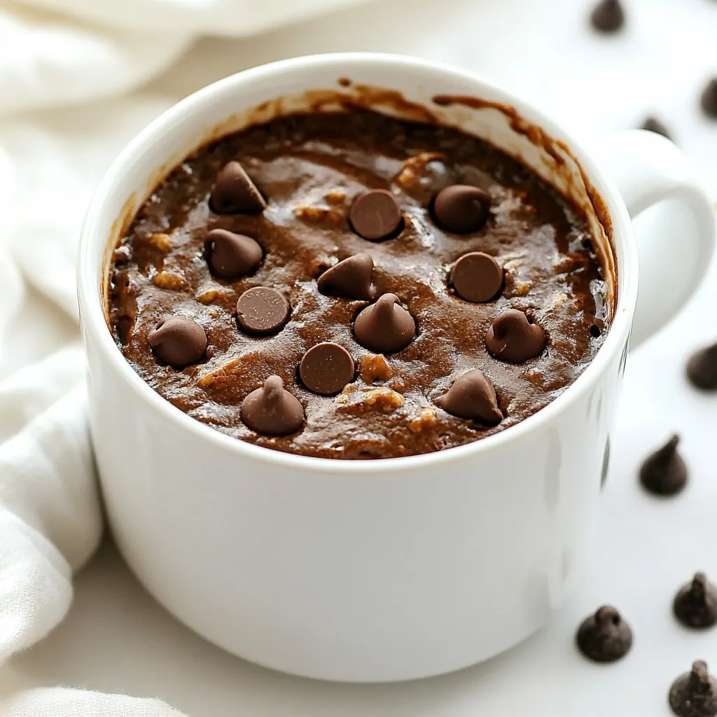 - 4 tablespoons all-purpose flour - 2 tablespoons granulated sugar - 1/8 teaspoon baking powder - 1/8 teaspoon salt - 2 tablespoons unsweetened cocoa powder - 3 tablespoons milk - 2 tablespoons vegetable oil - 1 teaspoon vanilla extract - 2 tablespoons chocolate chips - 1 tablespoon nut butter (optional for secret center) If you need to swap some ingredients, here are good options. - Use almond flour or gluten-free flour for a different base. - Try coconut sugar or stevia instead of regular sugar. These swaps can change the taste and health benefits. Always adjust your cooking time if you change the ingredients. {{ingredient_image_1}} In a microwave-safe mug, start by adding your dry ingredients. You will need: - 4 tablespoons all-purpose flour - 2 tablespoons granulated sugar - 1/8 teaspoon baking powder - 1/8 teaspoon salt - 2 tablespoons unsweetened cocoa powder Mix these dry ingredients well. Use a small fork or spoon to break up any lumps. This step is important. If you skip it, your cake may not rise properly. Next, add the wet ingredients into your dry mixture. Use: - 3 tablespoons milk - 2 tablespoons vegetable oil - 1 teaspoon vanilla extract Stir until the batter is smooth. It should look thick and creamy. Make sure no dry bits remain at the bottom of the mug. A good mix leads to a better cake. Now comes the fun part: adding the secret ingredient! If you want a gooey center, use: - 1 tablespoon nut butter (optional) Drop this in the middle of the batter. Press it down gently. This will create a warm, melty surprise in your mug cake. Now it’s time to cook your mug cake. Microwave it on high for about 40-60 seconds. Start checking at 40 seconds. Every microwave is different. Look for the cake to rise and appear set. It should still be slightly moist in the center. This is key for that perfect texture. After cooking, let it sit for one minute. This will help the flavors blend and cool down a bit, making it safe to eat. To get the best texture, avoid overcooking your mug cake. Microwaves cook fast, and a few seconds matter. Start with 40 seconds. Check if the cake rises and looks set. It should be slightly moist inside. If it looks wet, that’s okay! A gooey center is the secret to yumminess. If needed, add 10-second bursts until it's just right. You can boost flavor by adding spices or extracts. Try a pinch of cinnamon or nutmeg for warmth. Want a chocolate kick? Use extra cocoa powder. For a fruity twist, mash in some banana. You can also swap the vanilla extract for almond extract. Each change gives your cake a unique taste. For a great look, serve the mug cake right in the mug. Top it with whipped cream or a scoop of ice cream. A sprinkle of chocolate chips on top adds a nice touch. If you want a fancy look, drizzle some chocolate sauce over it. Fresh berries can also add color and freshness. Enjoy it as a treat that looks as good as it tastes! Pro Tips Use a Larger Mug: To prevent overflow during cooking, choose a mug that is at least 12 ounces in size. Check for Doneness: Microwave times can vary significantly; check your cake at 40 seconds, and add additional time in 10-second increments if needed. Experiment with Mix-Ins: Feel free to add nuts, dried fruits, or different types of chocolate chips for a unique flavor twist. Serve Warm: This mug cake is best enjoyed warm, so consider adding your toppings right before serving to keep the cake gooey. {{image_2}} You can change the taste of your mug cake by using different nut butters. Try peanut butter for a rich and nutty flavor. Almond butter gives a lovely twist, too. You can also add spices like cinnamon or nutmeg for extra warmth. Mix in chopped nuts or dried fruit for more texture and taste. Each choice will give your cake a unique flavor. For a lighter version, swap out the oil with Greek yogurt. This change cuts the fat but keeps the cake moist. Greek yogurt adds protein, making your treat a bit healthier. You can also use whole wheat flour instead of all-purpose flour for more fiber. This small swap can make your mug cake even better for you. If you're vegan, don't worry! You can make this mug cake plant-based. Use almond or coconut milk instead of regular milk. Replace the vegetable oil with melted coconut oil or applesauce. For the secret center, try a vegan nut butter or even a dollop of dairy-free chocolate spread. These changes will give you a tasty vegan treat that everyone can enjoy. If you have leftovers from your Secret Cookie Mug Cake, you want to keep it fresh. First, let the mug cake cool down. Then, cover it with plastic wrap or transfer it to an airtight container. This helps keep moisture in and prevents it from getting hard. Store it in the fridge if you plan to eat it within two days. If you want to keep it longer, consider freezing it. To reheat your mug cake, use the microwave. Place it in the microwave for about 10-15 seconds. Check it often to avoid overcooking. You want it warm, not hot. If it feels dry, add a tiny splash of milk before reheating. This keeps the texture nice and soft, just like when it’s fresh. Yes, you can freeze the mug cake! To do this, let it cool completely first. Wrap the mug cake tightly in plastic wrap. Then place it in a freezer-safe bag or container. It can stay in the freezer for up to three months. When you want to enjoy it, let it thaw in the fridge overnight. Then, reheat it in the microwave for a quick treat. Yes, you can bake the mug cake in an oven. Preheat your oven to 350°F (175°C). Use a small oven-safe dish instead of a mug. Pour the batter into the dish and bake for about 10-12 minutes. Check for doneness with a toothpick. It should come out clean. To cut down on sweetness, reduce the sugar to 1 tablespoon. You can also replace granulated sugar with unsweetened cocoa powder. Using dark chocolate chips can help too. They have less sugar than regular chocolate chips. If you don’t have nut butter, try using cream cheese or a dollop of yogurt. You can also add a piece of chocolate in the center for a gooey surprise. Nut-free options, like sunflower seed butter, work well too for a tasty center. This blog post covered how to make a tasty mug cake. We listed key ingredients and shared tips for good texture, flavor, and presentation. You learned variations like vegan options or healthier swaps. Finally, we discussed how to store and reheat your cake. Mug cakes are fun and easy desserts. Whether for a party or a quick treat, you can enjoy your favorite flavors. Get creative and make it your own! Happy baking!