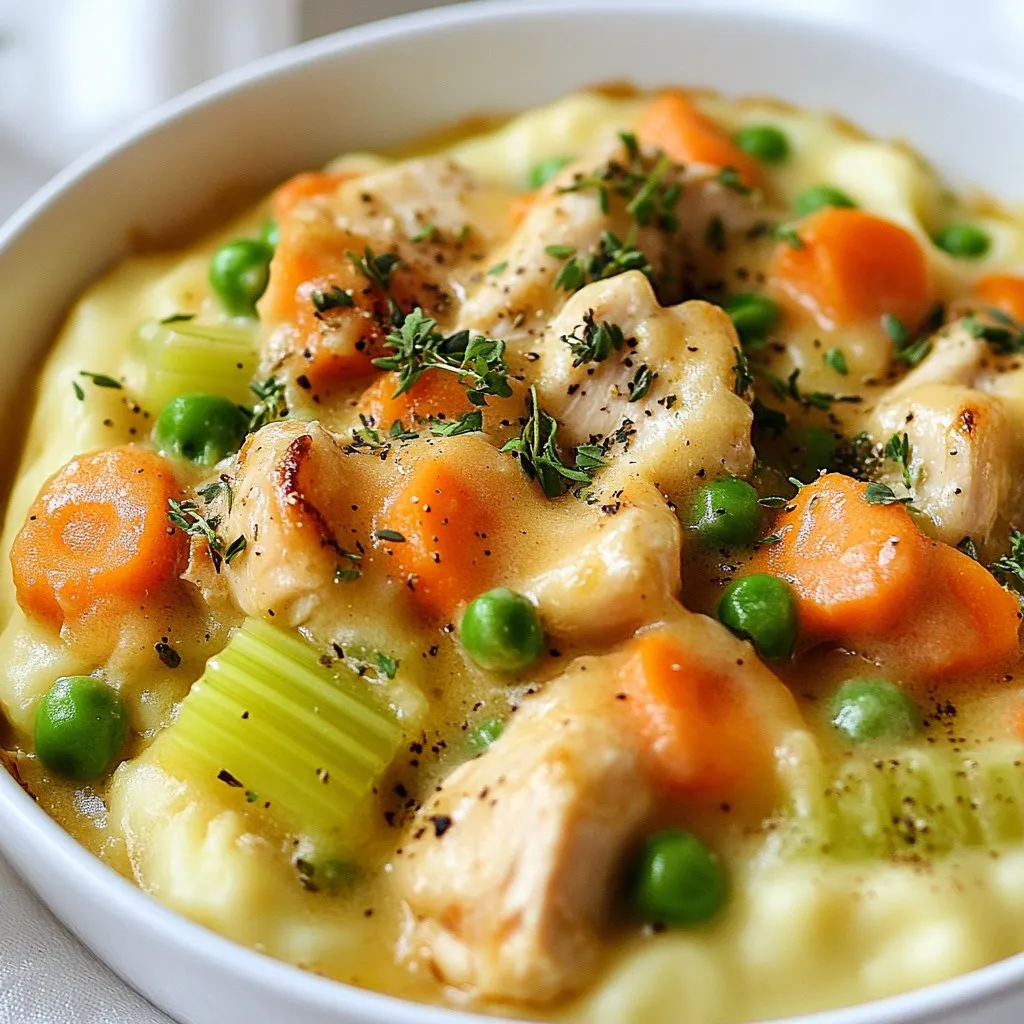 - 1 lb boneless, skinless chicken breast - 1 cup carrots, diced - 1 cup celery, diced - 1 cup frozen peas - 1 medium onion, chopped - 2 garlic cloves, minced - Dried thyme - Dried rosemary - 2 cups low-sodium chicken broth - 1 cup unsweetened almond milk For this healthy crustless chicken pot pie, the main ingredients bring the heartiness and flavor. The chicken gives you a good protein boost. Carrots and celery add crunch and sweetness. The peas bring a pop of color and nutrients. In the additional ingredients, the onion and garlic enhance the dish. They add depth and warmth to the flavor. Using frozen peas makes this dish quick and easy, as they cook fast and are always ready. The seasonings and liquids are key to making this dish rich and tasty. Dried thyme and rosemary add a fragrant touch. Low-sodium chicken broth keeps the dish light and healthy. Unsweetened almond milk provides creaminess without the fat. This dish is not just simple; it’s a great way to enjoy comfort food in a healthy light. {{ingredient_image_1}} First, set your oven to preheat at 375°F (190°C). This helps your dish cook evenly. Next, grab a large skillet and heat 2 tablespoons of olive oil over medium heat. Once hot, add 1 pound of diced boneless, skinless chicken breast. Cook it until it turns golden and is fully cooked, about 5 to 7 minutes. After that, take the chicken out and set it aside. In the same skillet, add 1 cup of diced carrots, 1 cup of diced celery, and 1 chopped medium onion. Cook these for about 5 minutes until they soften. Next, add 2 minced garlic cloves and stir for 1 more minute. This step brings out great flavors. After that, mix in 1 teaspoon of dried thyme and 1 teaspoon of dried rosemary, along with salt and pepper to taste. Stir well to blend all the flavors. Now it’s time to bring everything together. Put the cooked chicken back in the skillet. Add 1 cup of frozen peas, then pour in 2 cups of low-sodium chicken broth and 1 cup of unsweetened almond milk. Stir all the ingredients together and bring the mixture to a simmer. To thicken the mixture, gradually add 3 tablespoons of cornstarch mixed with 3 tablespoons of water while stirring. Cook for an additional 2-3 minutes until it thickens slightly. Next, pour the chicken and vegetable mix into a greased 9-inch pie dish or casserole dish. Place it in your preheated oven and bake for 25 to 30 minutes, or until the top is bubbly and golden. When it’s ready, let the dish cool for a few minutes before serving. Enjoy this warm and filling meal! - How to choose the best chicken For this dish, I like to use boneless, skinless chicken breast. It cooks fast and is lean. Choose chicken that is fresh and firm. Avoid any that looks dull or has an off smell. - Recommendations on cooking vegetables I suggest chopping your carrots and celery into small pieces. This helps them cook evenly. Sauté them until they are soft but still bright in color. This keeps their flavor fresh and vibrant. - Additional spices and herbs Besides thyme and rosemary, try adding a pinch of paprika for warmth. A dash of nutmeg can add depth, too. Experiment with fresh herbs like parsley or dill for a fresh twist. - Suggested garnishes Freshly chopped parsley makes a great garnish. It adds color and a burst of flavor. You can also sprinkle some black pepper or a squeeze of lemon juice before serving for extra zing. - Ideas for complementary sides Whole-grain bread pairs nicely with this dish. A simple side salad with leafy greens adds crunch. You could also serve steamed green beans for a colorful contrast. - Presentation tips Serve the pot pie in individual bowls for a nice touch. Add a sprinkle of parsley on top for color. This makes the dish look as good as it tastes! Pro Tips Use Fresh Herbs: Fresh thyme and rosemary enhance the flavor profile significantly compared to dried herbs. Add them at the end of cooking for a burst of freshness. Broth Matters: Opt for a high-quality low-sodium chicken broth to control the salt levels and improve the dish's overall flavor. Vegetable Variations: Feel free to swap in seasonal vegetables like zucchini or bell peppers for added nutrition and flavor. Check for Thickness: Ensure the mixture is thick enough before baking; it should coat the back of a spoon. If too thin, let it simmer longer or add a bit more cornstarch slurry. {{image_2}} You can switch out chicken for turkey. Turkey gives a similar taste and texture. It’s a great option, especially around holidays. If you prefer plant-based meals, try tofu. Firm tofu works well. It soaks up the flavors in the dish. You can also mix in different meats like ham or beef. Each adds a unique twist to the classic pot pie. Seasonal vegetables can make your pot pie shine. Think about using squash in fall or asparagus in spring. These veggies not only taste great but also add color. If you have leftover veggies, use those too! Carrots, peas, or even green beans can fit right in. It’s a good way to reduce waste and add extra nutrients. If you need gluten-free options, replace cornstarch with a gluten-free thickener. You can also use gluten-free broth. For dairy-free needs, almond milk is a perfect choice. Other milk alternatives like oat or soy can work too. This way, everyone can enjoy a warm bowl of comfort. Before you store your Healthy Crustless Chicken Pot Pie, let it cool down. This step is vital. If you store it while hot, moisture builds up in the container, making it soggy. Place the dish on a cooling rack for about 30 minutes. After it cools, transfer it to a container. Use airtight containers to keep your pot pie fresh. Glass or BPA-free plastic containers work well. Ensure they seal tightly to prevent air from getting in. You can reheat your pot pie in the microwave or oven. The oven gives better results for texture. Preheat your oven to 350°F (175°C). Place the pot pie in an oven-safe dish, cover it with foil, and heat for about 20 minutes. If you’re short on time, the microwave works too. Heat it in 1-minute intervals until warm. Remember, reheating in the microwave can make it a bit soggy. To keep it tasty, you may sprinkle a little extra seasoning before heating. If you want to store your pot pie for longer, freezing is a great option. Cut the pot pie into servings and wrap each piece tightly in plastic wrap. Place the wrapped pieces in a freezer bag, removing as much air as possible. This way, they won’t get freezer burn. When you’re ready to eat, thaw your pot pie overnight in the fridge. To cook it from frozen, preheat your oven to 375°F (190°C) and bake for about 40-50 minutes. Check that it is heated all the way through before serving. How can I make this recipe dairy-free? You can easily swap out the almond milk for any dairy-free milk. Options like oat or coconut milk work well. Just make sure the milk you choose is unsweetened to keep the flavor balanced. Can I use fresh vegetables instead of frozen? Yes, you can use fresh vegetables. Just chop them into small pieces. The cooking time may change, so keep an eye on them. Fresh veggies can add great taste and color to your dish. How long does it take to cook this dish? This dish takes about 45 minutes to cook. You’ll spend 15 minutes prepping and 30 minutes baking. It’s a quick meal for busy nights! What are the serving sizes for this recipe? This recipe serves four people. You can dish it out in bowls or on plates. Each serving is hearty and filling. How many calories are in a serving? Each serving contains about 300 calories. It’s a lighter option than traditional pot pie, making it a great choice for health-conscious eaters. What are its health benefits compared to traditional pot pie? This dish is lower in fat and calories than regular pot pie. It uses lean chicken and lots of veggies. Plus, it skips the crust, which cuts down on carbs. It’s a tasty way to enjoy comfort food without the guilt! This blog post guided you through a delicious chicken pot pie recipe. We explored the main ingredients, step-by-step cooking instructions, helpful tips, variations, storage info, and answered common questions. In summary, you learned how to make a hearty meal that suits your needs. Experimenting with flavors and storage methods ensures your pot pie remains tasty. Now, it's your turn to create and enjoy this dish!