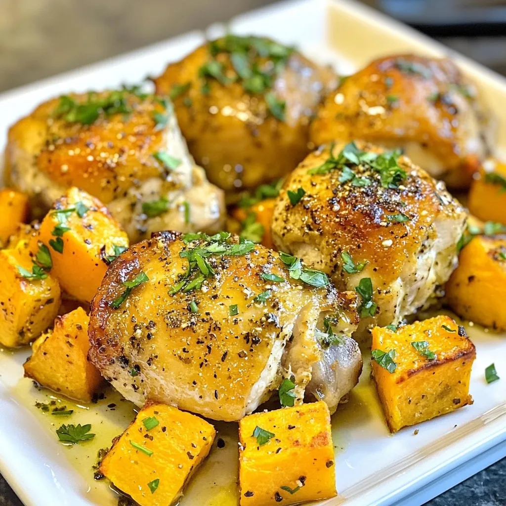 To make this dish, gather these main ingredients: - 4 bone-in, skin-on chicken thighs - 2 large sweet potatoes, cubed - 2 tablespoons olive oil These ingredients are simple, yet they pack a lot of flavor. The chicken thighs give a rich taste, while sweet potatoes add natural sweetness. You will also need some common pantry staples: - 1 teaspoon smoked paprika - 1 teaspoon garlic powder - 1 teaspoon onion powder - 1 teaspoon dried thyme - 1 teaspoon ground cumin - Salt and pepper to taste These seasonings enhance the dish. They mix well with chicken and sweet potatoes, creating a tasty blend. For a fresh touch, consider these optional garnishes: - Fresh parsley, chopped Adding parsley on top adds color and a hint of freshness. It makes the dish look even more inviting. {{ingredient_image_1}} First, gather your ingredients. You will need chicken thighs and sweet potatoes. Start by preheating your oven to 400°F (200°C). This will ensure even cooking. In a large bowl, combine the cubed sweet potatoes with olive oil and spices. The spices include smoked paprika, garlic powder, onion powder, dried thyme, cumin, salt, and pepper. Toss them well so that each piece gets coated. Next, spread the sweet potatoes on a large sheet pan. Make sure they are in a single layer for even baking. Now, pat the chicken thighs dry using paper towels. This step helps the skin crisp up nicely. In a small bowl, mix the remaining olive oil with salt, pepper, and any extra spices you like. Rub this mixture all over the chicken thighs. Place them skin-side up on the sheet pan, nestled between the sweet potatoes. Roast everything in the oven for about 35 to 40 minutes. The chicken skin should turn golden brown, and the sweet potatoes should become tender. Check the chicken's internal temperature; it should reach 165°F (74°C) for safe eating. If you want extra crispy skin, switch to broil mode. Broil for 2 to 3 minutes. Keep an eye on it to avoid burning. The chicken will get a nice, crunchy layer. Once done, take the pan out of the oven. Let the dish rest for a few minutes. This step helps the juices settle, making the chicken moist. Garnish with fresh chopped parsley for a bright finish. Enjoy your meal straight from the pan or plate it up for a nice presentation! Seasoning makes a big difference in flavor. Start with salt and pepper. Use about 1 teaspoon of each. For more flavor, add smoked paprika, garlic powder, and onion powder. I like to mix spices in a bowl. This way, you coat everything evenly. Don’t forget the dried thyme and cumin for extra depth. Toss sweet potatoes well in the spice mix. It helps them absorb all the tasty flavors. Ovens can vary, so check your food as it cooks. Typically, chicken thighs take about 35-40 minutes at 400°F. Use a meat thermometer to check the chicken. It should reach 165°F for safety. If your sweet potatoes aren’t tender, give them a few extra minutes. You can also broil the chicken skin for 2-3 minutes. This makes it crispy and golden. Serving straight from the sheet pan looks great and is easy. If you want a fancier look, plate the chicken and sweet potatoes separately. Add a sprinkle of fresh parsley on top for color. You can also serve it with a side salad or steamed veggies. This adds freshness and balances the meal. Enjoy this easy, delicious dish with family or friends! Pro Tips Use a Meat Thermometer: Ensure the chicken is cooked perfectly by checking the internal temperature with a meat thermometer. It should reach 165°F (74°C) for safe consumption. Customize the Spices: Feel free to play with the spice blend! Adding cayenne pepper for heat or rosemary for a different flavor profile can enhance the dish. Batch Cooking: This recipe is perfect for meal prep. You can double the ingredients and store leftovers in the fridge for a quick meal throughout the week. Let it Rest: After roasting, allow the chicken to rest for a few minutes before serving. This helps the juices redistribute, ensuring a moist and flavorful bite. {{image_2}} You can swap chicken thighs for chicken breasts if you prefer. Chicken breasts are leaner and cook faster. If you want a meat-free option, use chickpeas or tofu. For sweet potatoes, try butternut squash or carrots for a different taste. You can also use other spices like chili powder or rosemary. These swaps keep the dish fresh and exciting. If you don’t have an oven, you can make this dish on the grill. Just place the chicken and sweet potatoes in a grill basket. Cook on medium heat, turning often. You can also use an air fryer. Cook at 380°F for about 25-30 minutes. This method gives a crispy texture while saving time. To boost flavor, marinate the chicken in lemon juice or yogurt before cooking. Adding fresh herbs like rosemary or thyme can elevate the taste. You can also sprinkle some feta cheese on top before serving. It adds a salty and creamy touch. For a spicy kick, add red pepper flakes or hot sauce to the sweet potatoes. These enhancements make the meal truly delightful. After enjoying your meal, let the chicken and sweet potatoes cool. Place leftovers in an airtight container. This keeps them fresh for later. Store them in the fridge for up to three days. If you want to keep them longer, consider freezing. When you're ready to eat, pull out the leftovers. Preheat your oven to 350°F (175°C). Place the chicken and sweet potatoes on a baking sheet. Cover them with foil to avoid drying out. Heat for about 15-20 minutes or until warm. You can also use a microwave. Just heat in short bursts, checking often. If you want to freeze, pack the food in freezer-safe containers. Make sure to label them with the date. You can freeze for up to three months. When ready to eat, thaw in the fridge overnight. Reheat as mentioned above. This way, you can enjoy this tasty dish any time! The chicken should reach an internal temperature of 165°F (74°C). This ensures it is safe to eat. Use a meat thermometer to check the temperature in the thickest part of the thigh. It is important to avoid cutting into the chicken, which can let the juices escape. Yes, you can use many other vegetables. Carrots, bell peppers, or broccoli work well. Just cut them to similar sizes as the sweet potatoes. This way, they cook evenly. You can also try adding zucchini or green beans for a fresh twist. Just remember to adjust the cooking time if needed. It takes about 35 to 40 minutes to cook the chicken thighs. Cooking time may vary based on your oven and the size of the thighs. Always check for that safe internal temperature of 165°F (74°C). If the chicken skin needs more crispiness, broil it for an extra 2 to 3 minutes. Enjoy your delicious meal! This blog post covered everything you need for cooking chicken thighs. We started with the main ingredients and pantry staples. Then, I shared step-by-step instructions for preparation and baking. I offered tips on seasoning, cooking time, and serving. You learned about variations and how to store leftovers safely. In summary, cooking should be fun and easy. Follow these steps, and enjoy tasty meals with your loved ones. Happy cooking!