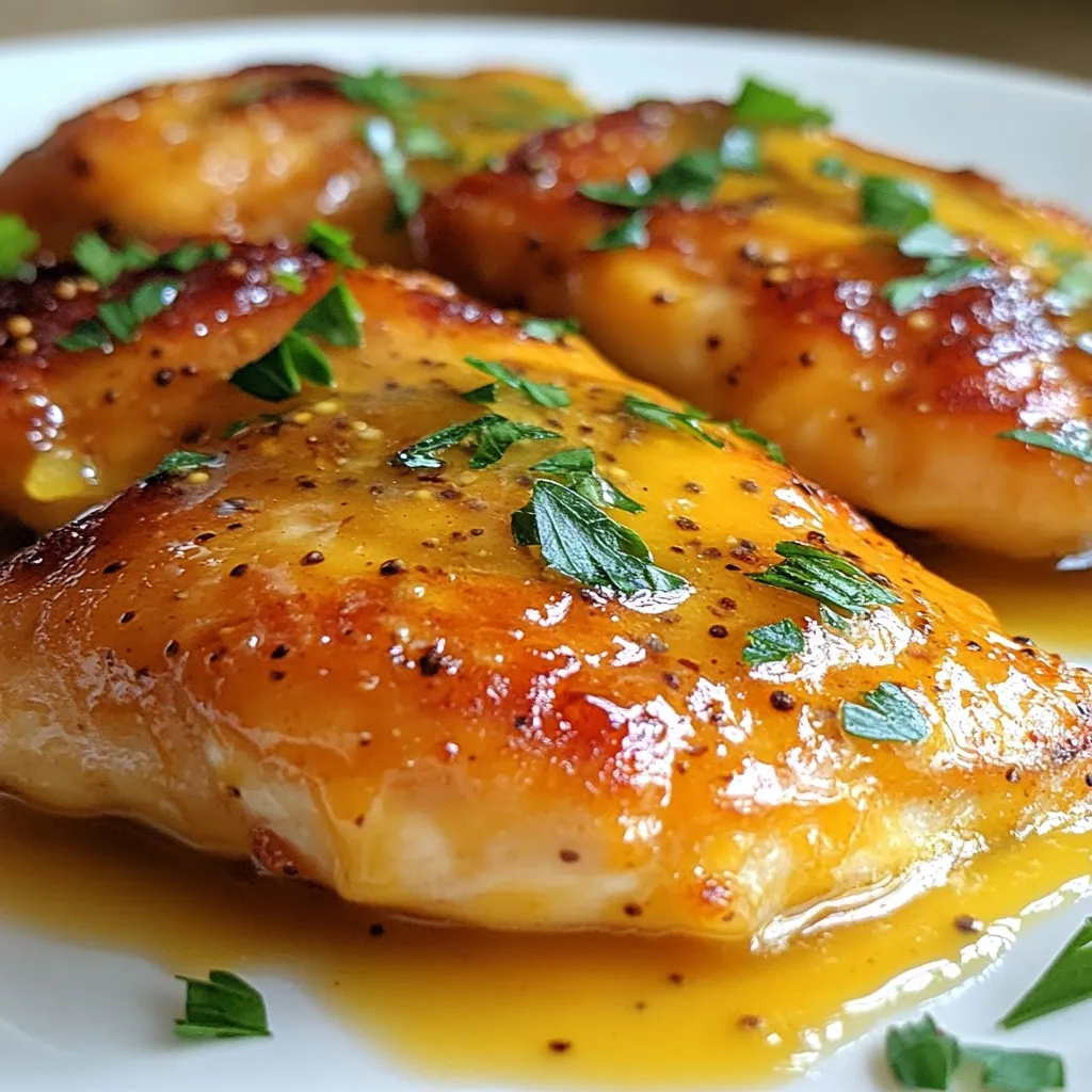 To make Honey Mustard Chicken, gather these items: - 4 boneless chicken breasts - 1/2 cup honey - 1/4 cup Dijon mustard - 2 tablespoons whole grain mustard - 2 tablespoons olive oil - 3 cloves garlic, minced - 1 teaspoon dried thyme - Salt and pepper to taste - Fresh parsley, chopped (for garnish) These ingredients blend to create a sweet and tangy flavor. The honey adds sweetness, while the mustards give it a nice kick. Garlic and thyme bring in depth and warmth. You could add more flavor with these options: - Lemon juice for a zesty twist - A pinch of red pepper flakes for heat - Maple syrup for extra sweetness - Chopped nuts for crunch These add-ins can change your dish and suit your taste. This recipe serves four people. Each serving has: - Calories: about 320 - Protein: 30 grams - Carbohydrates: 30 grams - Fat: 10 grams Honey Mustard Chicken is a balanced meal. It offers protein and healthy fats without too many carbs. This makes it a great choice for dinner. {{ingredient_image_1}} Start by preheating your oven to 375°F (190°C). This step is key. Next, grab a mixing bowl. In it, whisk together the following ingredients: - 1/2 cup honey - 1/4 cup Dijon mustard - 2 tablespoons whole grain mustard - 2 tablespoons olive oil - 3 cloves garlic, minced - 1 teaspoon dried thyme - Salt and pepper to taste Whisk until the mix is smooth and all the flavors blend well. Now, take your four boneless chicken breasts. Place them in a resealable plastic bag or a shallow dish. Pour the honey mustard marinade over the chicken. Make sure every piece gets a good coating. Seal the bag or cover the dish tightly. Let it marinate in the fridge for at least 30 minutes. For a deeper taste, let it sit overnight. After marinating, transfer the chicken breasts to a baking dish. Keep the marinade for later. Bake the chicken in your preheated oven for about 25 to 30 minutes. You want the chicken to reach an internal temperature of 165°F (75°C). While the chicken bakes, take that reserved marinade and pour it into a small saucepan. Boil it for 5-7 minutes. This creates a thick, tasty glaze. Once the chicken is done, brush that glaze over the chicken. Put it back in the oven for an extra 5 minutes. When it’s ready, let the chicken rest for a few minutes. Then, slice it, drizzle with more glaze, and garnish with fresh chopped parsley. Enjoy your delicious honey mustard chicken! The marinade is key to great honey mustard chicken. Start by mixing honey, Dijon mustard, whole grain mustard, olive oil, minced garlic, and thyme. Whisk these well in a bowl. You want a smooth blend for even flavor. When marinating, use a resealable bag or a shallow dish. This way, the chicken gets coated fully. For best results, let it marinate for at least 30 minutes. If you can, marinate overnight. This deepens the flavor and makes the chicken more tasty. Cooking chicken well is simple. First, preheat your oven to 375°F (190°C). This temperature helps cook the chicken evenly. Place the marinated chicken in a baking dish. Bake for 25-30 minutes. Use a meat thermometer to check if it reaches 165°F (75°C). This temperature means the chicken is safe to eat. Letting the chicken rest for a few minutes after baking keeps it juicy. Want to boost flavor? Try adding fresh herbs like rosemary or thyme to the marinade. You can also mix in a splash of apple cider vinegar for extra tang. Another idea is to add some crushed red pepper for heat. If you enjoy a sweeter taste, toss in a bit of brown sugar. These simple tweaks can elevate your dish to new heights! Pro Tips Marinate Longer for More Flavor: For the best results, marinate the chicken overnight. This allows the flavors to penetrate deeply, resulting in a more flavorful dish. Use a Meat Thermometer: To ensure your chicken is perfectly cooked, use a meat thermometer. The internal temperature should reach 165°F (75°C) for safe consumption. Try Different Mustards: Experiment with different types of mustard, such as spicy brown or honey mustard, to customize the flavor profile of your marinade. Add Veggies to the Bake: For a complete meal, add some seasonal vegetables like broccoli or bell peppers to the baking dish during the last 15 minutes of cooking. {{image_2}} You can add herbs to your honey mustard chicken for extra flavor. Try mixing fresh or dried herbs like rosemary or basil into the marinade. Just one tablespoon of each will give a nice twist. The herbs add a fresh taste that pairs well with the sweet and tangy sauce. To make this dish your own, use any herbs you like. Consider thyme, oregano, or even dill. Grilling this chicken gives it a smoky flavor. To grill, marinate the chicken as usual. Heat your grill to medium-high. Cook the chicken for about 6-7 minutes per side. Make sure the internal temperature reaches 165°F (75°C). Grilled honey mustard chicken is great for summer BBQs. Serve it with grilled veggies for a complete meal. You can use leftover honey mustard chicken in salads. Slice the chicken and add it to mixed greens. Toss in some cherry tomatoes and cucumbers for color. A tangy vinaigrette will enhance the flavors. You can also add nuts or cheese for crunch and creaminess. This makes a quick and healthy lunch option. You can store leftover honey mustard chicken in the fridge. Place it in an airtight container. The chicken stays fresh for up to four days. Always let it cool before sealing. This keeps moisture in and prevents spoilage. If you have extra glaze, save that too! If you want to keep the chicken longer, freezing works well. Wrap each piece tightly in plastic wrap. Then, place them in a freezer bag. Remove as much air as possible to prevent freezer burn. Honey mustard chicken can last up to three months in the freezer. Make sure to label the bag with the date! When you're ready to eat, you have a few reheating options. The oven is best for even heating. Preheat to 350°F (175°C) and bake for about 15-20 minutes. You can also use the microwave for quick reheating. Just cover the chicken and heat in short bursts. Check to avoid overcooking. Enjoy your meal with a drizzle of that tasty glaze! You can serve honey mustard chicken with many tasty sides. A fresh green salad adds crunch. Roasted vegetables bring color and flavor. Mashed potatoes or rice soak up the sauce well. For a fun twist, serve it with sweet potato fries. You can also add some warm bread to soak up the glaze. Pair it with your favorite drink, and enjoy! Yes, you can use chicken thighs! They are juicy and full of flavor. Thighs take a bit longer to cook, so check the internal temperature. Aim for 165°F (75°C) to be safe. The honey mustard glaze works great on thighs too. You’ll get a different texture, but the taste will shine through! You can store honey mustard chicken in the fridge for up to four days. Keep it in an airtight container to stay fresh. If you want to keep it longer, freeze it. In the freezer, it lasts up to three months. To reheat, thaw it overnight in the fridge. Then warm it in the oven for best results. We covered key ingredients and steps to make delicious honey mustard chicken. You learned about marinating, baking, and tips for perfect results. We explored variations, storage tips, and answered common questions. This dish is tasty and simple to prepare. I hope you feel ready to try these methods and make this meal at home. Enjoy cooking, and remember, practice makes perfect!