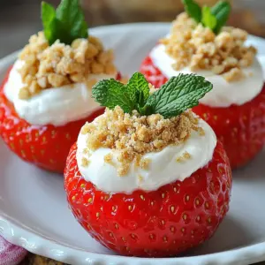 To make Cheesecake Deviled Strawberries, gather these simple items: - 12 large strawberries - 1 cup cream cheese, softened - 1/4 cup powdered sugar - 1 teaspoon vanilla extract - 1/4 cup sour cream - 1/4 cup crushed graham crackers - Fresh mint leaves for garnish These ingredients come together to create a delightful mix of flavors. The strawberries give a fresh taste, while the cream cheese adds creaminess. The sweet powdered sugar and vanilla extract enhance the overall flavor. Sour cream adds a nice tang, and crushed graham crackers give that classic cheesecake crust feel. Lastly, mint leaves add a pop of color and freshness. With these ingredients, you can whip up a tasty treat in just 15 minutes! {{ingredient_image_1}} 1. Start by washing the strawberries well under cool water. This step is key to remove dirt and pesticides. 2. After washing, dry the strawberries gently with a paper towel. Make sure they are completely dry to hold the filling well. 3. Next, take a sharp knife and slice off the tops of the strawberries. Use a small melon baller to hollow out the center. Be careful not to break the outer skin. Save the tops if you want to use them later for fun decoration. 1. In a mixing bowl, add 1 cup of softened cream cheese. This gives a rich base for your filling. 2. Pour in 1/4 cup of powdered sugar. This ingredient adds sweetness and smoothness. 3. Add 1 teaspoon of vanilla extract for flavor. Then, mix in 1/4 cup of sour cream for creaminess. 4. Use an electric mixer to beat everything together. Keep mixing until the mixture is smooth and creamy. 1. Once your cheesecake filling is ready, transfer it into a piping bag. If you don&rsquo;t have one, you can use a resealable plastic bag. Just snip off one corner for easy filling. 2. Carefully pipe the cheesecake mixture into each hollowed strawberry. Fill them generously for the best taste. 3. After filling, sprinkle the tops with 1/4 cup of crushed graham crackers. This mimics the crust of a cheesecake. 4. For a fresh touch, add a small mint leaf on top of each filled strawberry. This not only looks good but also adds flavor. 5. You can return the tops of the strawberries to their place for fun presentation. 6. Finally, arrange your filled strawberries on a serving platter and get ready to enjoy! When picking strawberries, size matters. Large strawberries hold more filling. Look for bright red berries with fresh green tops. They should feel firm but not hard. If they are soft or mushy, skip them. Freshness is key to great flavor. Seasonal factors are also important. Strawberries are best in late spring to early summer. This is when they are in season and taste the sweetest. Check your local markets for the freshest picks. You can add fun flavors to the filling. Try using almond extract instead of vanilla for a nutty twist. A splash of lemon juice can brighten the taste. If you like it sweeter, adjust the sugar to your liking. Start with less sugar, then taste and add more if needed. Make your strawberries look even more inviting. Arrange them on a colorful platter or on a bed of mint leaves. For extra flair, drizzle some melted chocolate over the top. You can also use toppings like crushed nuts or mini chocolate chips for a fun crunch. Returning the tops of the strawberries can create a whimsical look. It&rsquo;s a playful way to surprise your guests. Have fun and let your creativity shine! Pro Tips Choose Ripe Strawberries: Look for strawberries that are bright red and slightly soft to the touch for the best flavor and sweetness. Use Room Temperature Cream Cheese: Ensure your cream cheese is at room temperature for a smoother filling that blends easily without lumps. Experiment with Flavors: Feel free to add a splash of lemon juice or a hint of almond extract to the cheesecake mixture for a unique twist. Chill Before Serving: Let the filled strawberries sit in the refrigerator for at least 30 minutes before serving to allow the flavors to meld and the filling to firm up a bit. {{image_2}} You can easily change the flavor of your Cheesecake Deviled Strawberries. Here are a couple of fun ideas: - Chocolate Cheesecake Version: Mix in some cocoa powder with the cream cheese. This gives a rich, chocolate flavor. You can also add mini chocolate chips for extra texture. - Fruit-Infused Variations: Try adding lemon zest or berry puree to the filling. This adds a fresh twist. You can also use flavored cream cheese for a quick change. You can make these treats fit different diets with a few swaps: - Making It Gluten-Free: Use gluten-free graham crackers or omit them. The strawberries still taste great without the crust. - Vegan Alternatives: Swap the cream cheese with a vegan cream cheese. Use maple syrup instead of powdered sugar. This makes a tasty vegan treat. Serve your Cheesecake Deviled Strawberries in fun ways: - Pairing with Other Desserts: These strawberries go great with chocolate cake or ice cream. The mix of flavors will wow your guests. - Creative Serving Platters: Use a colorful platter or a tiered stand to display the strawberries. Adding fresh flowers or mint leaves around them can make the dish pop. To keep your Cheesecake Deviled Strawberries tasty, store them correctly. First, refrigerate the filled strawberries. Place them in a container with a lid. This helps keep them fresh. Avoid stacking them too high, or they might squish. For the best topping freshness, add the crushed graham crackers right before serving. If you add them too early, they can get soggy. That will take away from the crunch you want. How long do Cheesecake Deviled Strawberries last? When stored properly in the fridge, they stay fresh for about 2 days. After that, they may lose their taste and texture. Look for signs of spoilage. If the strawberries become mushy or start to change color, it&rsquo;s time to toss them. Also, if the cheesecake filling appears watery or smells off, do not eat them. Always prioritize your health and safety. Yes, you can prepare Cheesecake Deviled Strawberries ahead of time. For best results, fill the strawberries the night before serving. Just keep them in the fridge. This lets the flavors blend well. To keep the strawberries fresh, cover them lightly with plastic wrap. If you want a lighter or dairy-free option, you can use Greek yogurt. It gives a nice tang and creamy texture. You can also try a vegan cream cheese made from nuts. These options work well in this recipe. Look for bright red color and a shiny surface. The berries should feel firm but slightly soft when you squeeze them. Check for green or yellow spots, which may mean they are not ripe. Fresh strawberries smell sweet. Always choose berries that are fresh and firm. Cheesecake deviled strawberries are easy to make and fun to serve. We covered ingredients, preparation, and assembly. I shared tips for choosing fresh strawberries and enhancing flavors. You can even explore delicious variations. Store them properly to keep them fresh and flavorful. Remember, these treats are versatile and can fit many diets. Enjoy making these tasty delights that impress everyone!