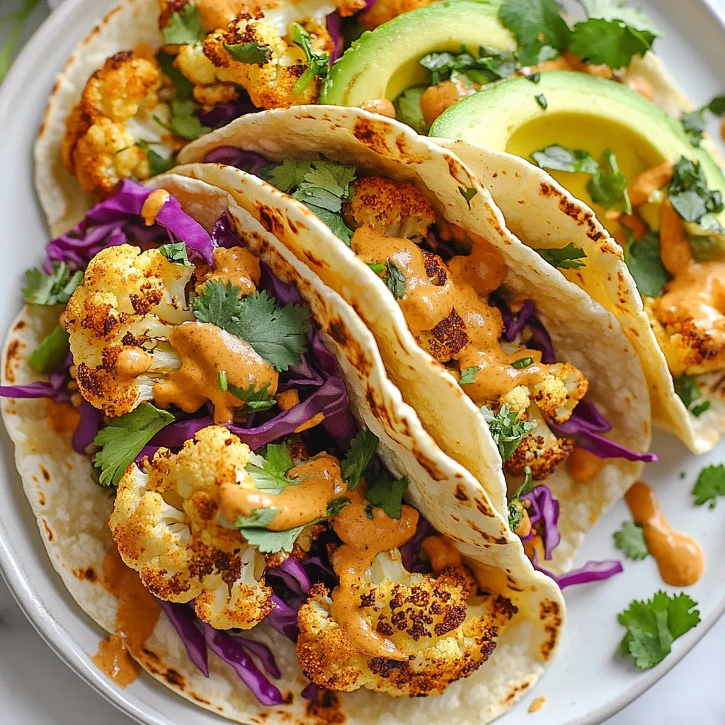 To make these tasty vegan cauliflower tacos, you need: - 1 medium head of cauliflower, cut into bite-sized florets - 2 tablespoons olive oil - 1 teaspoon smoked paprika - 1 teaspoon ground cumin - 1/2 teaspoon garlic powder - Salt and pepper to taste - 8 small corn tortillas - 1 cup shredded red cabbage - 1 avocado, sliced - Fresh cilantro, for garnish These ingredients work together to create a great mix of flavors and textures. The cauliflower is the star here, and roasting it brings out its natural sweetness. For a creamy chipotle sauce, gather these items: - 1/2 cup raw cashews, soaked for 2 hours and drained - 1/4 cup water - 2 tablespoons lime juice - 1-2 chipotle peppers in adobo sauce (to taste) - Salt to taste The chipotle sauce adds a smoky kick. The cashews make it creamy and rich. Adjust the chipotle to fit your spice preference. You can enhance your tacos with these fun toppings: - Extra lime wedges - Sliced radishes - Jalapeño slices - Diced tomatoes These options let you personalize your tacos. Add fresh flavors and textures to make each bite unique. {{ingredient_image_1}} First, you need to preheat your oven to 425°F (220°C). While it heats, cut the cauliflower into bite-sized florets. In a large bowl, mix the florets with olive oil, smoked paprika, ground cumin, garlic powder, salt, and pepper. Toss well until all the florets are covered in the spice mix. This step gives the cauliflower great flavor. Spread the seasoned cauliflower evenly on a baking sheet. Place it in the hot oven and roast for about 20-25 minutes. Flip the cauliflower halfway through. You want it to become golden brown and tender. This roasting brings out the natural sweetness of the cauliflower. While the cauliflower roasts, you can make the chipotle sauce. Start by soaking the raw cashews in water for two hours. After soaking, drain the cashews and add them to a blender. Include water, lime juice, chipotle peppers, and a pinch of salt. Blend on high until the mixture is smooth and creamy. If you like it spicier, add more chipotle peppers. Next, warm the corn tortillas. Heat a dry skillet over medium heat. Place each tortilla in the skillet for about 30 seconds on each side. This makes them soft and easy to fold. You can keep them warm in a clean kitchen towel as you finish. Now it’s time to assemble the tacos. Take a warm tortilla and add a few roasted cauliflower florets. Top with shredded red cabbage and slices of avocado. Drizzle a good amount of chipotle sauce over the top. The combination of flavors will be fantastic. Finally, garnish each taco with fresh cilantro. If you want, serve with extra lime wedges on the side. This adds a zesty touch that brightens the dish. Enjoy your delightful vegan cauliflower tacos! Roasting cauliflower gives it a nice crunch and great flavor. Here are some tips: - Cut Florets Evenly: Make sure all florets are the same size. This helps them cook evenly. - Use Enough Oil: Coat the florets well with olive oil. This helps them get crispy. - Don’t Overcrowd the Pan: Leave space between florets on the baking sheet. This allows hot air to circulate. - Flip Halfway: Turn the florets halfway through cooking to get an even roast. The chipotle sauce adds a smoky kick to your tacos. To change the heat: - Start Small: Begin with one chipotle pepper. Blend it into the sauce. - Taste and Adjust: After blending, taste the sauce. If you want more heat, add another pepper. - Balance with Lime: If the sauce gets too spicy, add more lime juice for balance. Warmed tortillas are soft and easy to fold. Here’s how to warm them up perfectly: - Use a Dry Skillet: Heat a skillet over medium heat with no oil. - Warm on Each Side: Place a tortilla in the skillet for about 30 seconds. Flip it and warm the other side. - Keep Them Covered: Stack warmed tortillas on a plate and cover with a clean towel. This keeps them warm and soft. Pro Tips Prep Your Ingredients Ahead: Having all your ingredients prepped and ready to go will streamline the cooking process and make assembly a breeze. Adjust Spice Levels: If you prefer a milder flavor, start with one chipotle pepper in the sauce and gradually add more until it reaches your desired heat. Perfectly Roasted Cauliflower: For extra crispiness, ensure that your cauliflower florets are spread out in a single layer on the baking sheet, avoiding overcrowding. Fresh Toppings Matter: Use fresh herbs and toppings like cilantro to elevate the flavor of your tacos; they add brightness and freshness to every bite. {{image_2}} You can add other proteins to your tacos. Try black beans or lentils for extra protein. They bring a nice texture and flavor. You could also use chickpeas. They add a creamy bite and work well with spices. If you need gluten-free options, look for corn or rice tortillas. Both work great for these tacos. You can also use lettuce wraps for a fresh crunch. They are perfect for a low-carb choice and add a nice green touch. The chipotle sauce can change based on your taste. You might add more lime juice for a zesty kick. If you want more heat, add extra chipotle peppers. You can also mix in some smoked paprika for a deeper flavor. Some people enjoy adding a touch of maple syrup for sweetness. Choose what fits your taste! To store your leftover tacos, first separate the components. Keep the roasted cauliflower, tortillas, and toppings apart. Place the cauliflower in an airtight container. Use parchment paper to absorb moisture. Store the tortillas in a plastic bag. Keep toppings like cabbage and avocado in separate containers. This keeps everything fresh. Store them in the fridge for up to three days. To reheat the cauliflower, preheat your oven to 350°F (175°C). Spread the cauliflower on a baking sheet. Bake for about 10 minutes, or until warm. This method keeps the cauliflower crispy. You can also microwave it. Place it in a bowl and cover it with a damp paper towel. Heat for 1-2 minutes, checking often. Store the chipotle sauce in a sealed jar in the fridge. It lasts for about one week. If you want to keep it longer, freeze it in an ice cube tray. Once frozen, transfer the cubes to a bag. This way, you can use just what you need. Yes, you can prepare these tacos ahead. Cook the roasted cauliflower and chipotle sauce. Store them separately in the fridge. Keep the tortillas in a sealed bag. When ready to eat, warm everything and assemble your tacos. This saves time on busy days. Yes, freezing the roasted cauliflower is a good idea. Let it cool first, then place it in an airtight container. It can stay fresh for up to three months. When you want to use it, thaw overnight in the fridge and reheat in the oven or skillet. You can use sunflower seeds or silken tofu as a substitute for cashews. Both options create a creamy texture. Sunflower seeds offer a nut-free choice. Silken tofu is great for a protein boost. Adjust the flavor with lime juice and chipotle for best results. The spice level of these tacos can vary. If you use one chipotle pepper, they are mild to medium. Adding two peppers makes them spicier. You can always taste the sauce and adjust it to fit your spice preference. Enjoy them just how you like! You now know how to make delicious vegan cauliflower tacos. We explored the main ingredients, step-by-step instructions, and helpful tips. You learned how to roast cauliflower, make chipotle sauce, and assemble your tacos. Remember, you can adjust spice levels and try different toppings. Use these ideas to create a meal that's fun and tasty. Enjoy making your own healthy tacos!