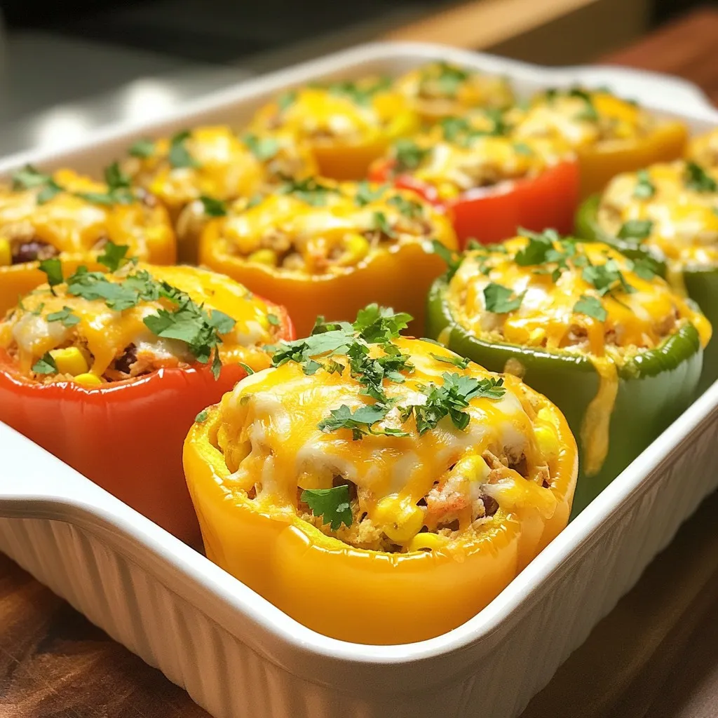 - 4 large bell peppers (any color) - 1 pound cooked chicken, shredded - 1 cup ranch dressing - 1 cup corn kernels (fresh or frozen) - 1 cup black beans, rinsed and drained - 1 cup shredded cheddar cheese - 1 teaspoon garlic powder - 1 teaspoon onion powder - 1 teaspoon smoked paprika - Salt and pepper to taste - Fresh cilantro, chopped (for garnish, optional) For this recipe, you need fresh bell peppers. They add color and crunch. I like using any color you prefer. You will also need cooked chicken. You can use leftover chicken or a rotisserie chicken. Shredding it makes it easy to mix. Ranch dressing is the star of this dish. It gives a creamy, tangy flavor. Corn kernels add a nice sweetness, while black beans bring a hearty texture. The shredded cheddar cheese melts beautifully on top. Spices like garlic powder and onion powder enhance the flavor. Smoked paprika adds a bit of warmth and smokiness. Finally, salt and pepper are essential for taste. If you want, add chopped cilantro for a fresh touch. Gather all these ingredients before you start cooking. It makes the process smooth and fun! {{ingredient_image_1}} Washing and Slicing Start by washing your bell peppers under cool water. This step removes dirt and any chemicals. Next, slice off the tops of each pepper. Keep the tops for later if you like. This makes a nice touch for your dish! Removing Seeds and Membranes After slicing, carefully remove the seeds and membranes inside. These parts can be bitter and tough. Use your hands or a spoon to scoop them out. Make sure your peppers are clean and ready for stuffing. Combining Ingredients in a Bowl In a large bowl, mix together the shredded chicken, ranch dressing, corn, and black beans. Add half of the cheddar cheese along with garlic powder, onion powder, smoked paprika, salt, and pepper. Use a big spoon to stir everything well. You want a nice, even mix. This filling is packed with flavor! Stuffing Process Now, it’s time to fill your peppers. Take a spoonful of the chicken mixture and stuff each pepper. Pack it in tightly so every bite is tasty. Don’t forget to leave some space at the top for cheese! Baking Instructions Preheat your oven to 375°F (190°C). Place the stuffed peppers in a baking dish. Cover the dish with aluminum foil to keep them moist. Bake for about 25 minutes. After that, remove the foil and add the rest of the cheddar cheese on top. Bake for another 10-15 minutes. When done, the peppers should be soft and the cheese melted. Let them cool a bit before serving. Enjoy your colorful and delicious Ranch Chicken Stuffed Peppers! For the filling, you want to get the right mix. I use one pound of shredded chicken, which gives a nice base. The ranch dressing adds flavor and creaminess. I also like to throw in corn and black beans for texture. If you want to change things up, you can use turkey or even a plant-based chicken. Just make sure to keep the ranch dressing for that great taste. Baking the stuffed peppers can be tricky. To keep them moist, cover the dish with foil while baking. This traps the steam and helps cook the peppers evenly. After about 25 minutes, remove the foil. This lets the cheese melt nicely and get bubbly. The total baking time should be around 35 to 40 minutes. Garnishing adds a lovely touch. Once your peppers are out of the oven, sprinkle fresh cilantro on top. It adds color and a fresh flavor. If you want to impress, serve them on a colorful plate. Presentation matters, even for simple meals like this. They will look just as good as they taste! Pro Tips Choose Colorful Peppers: Using a mix of colorful bell peppers not only makes the dish visually appealing but also adds a variety of flavors. Customize the Filling: Feel free to add other ingredients like diced tomatoes, jalapeños, or your favorite spices to the chicken mixture for added flavor. Make Ahead: You can prepare the stuffed peppers a day ahead and store them in the refrigerator. Just bake them when you're ready to eat! Perfectly Cooked Peppers: To ensure the bell peppers are cooked just right, test them with a fork. They should be tender but still hold their shape. {{image_2}} You can switch up the protein in stuffed peppers. If you're not a fan of chicken, try ground turkey or beef. For a veggie option, use cooked lentils or quinoa. Each protein brings a unique taste and texture. You can adjust the ranch dressing to match your choice. This way, you get a new dish every time. To boost flavor, consider adding spices. A pinch of cayenne pepper adds heat. If you like tang, splash in some hot sauce. You can also mix in diced jalapeños for extra kick. Fresh herbs like parsley or thyme can brighten the dish. Each flavor addition changes how the stuffed peppers taste, making them fun to explore. You can make these stuffed peppers in various ways. The oven method is great, but you can also use a slow cooker. Just layer the peppers in and cook on low for several hours. For a quicker option, try an air fryer. Cook them at a high temperature to get the cheese bubbly and the peppers tender. Each method gives you a different take on a classic dish. To store leftovers, let the stuffed peppers cool first. Place them in an airtight container. They last up to three days in the fridge. If you need them for later, make sure to label the container with the date. You can freeze stuffed peppers for up to three months. Wrap each pepper tightly in plastic wrap. Then, place them in a freezer bag. Squeeze out all the air to prevent freezer burn. When you are ready to eat, thaw them in the fridge overnight. Reheat stuffed peppers in the oven for best results. Set your oven to 350°F (175°C). Place the peppers on a baking sheet, cover with foil, and heat for about 20 minutes. If you use the microwave, heat them on a plate for about 3 to 4 minutes. Check that the center is warm before serving. Yes, you can prepare Ranch Chicken Stuffed Peppers ahead of time. This makes dinner easy on busy days. - Assemble: You can stuff the peppers and keep them in the fridge for up to 24 hours. - Freezing: If you want to freeze them, do so before baking. Wrap each pepper tightly in plastic wrap and place them in a freezer bag. They can last up to three months. - Baking Later: When ready to cook, just bake them straight from the freezer. Add a few extra minutes to the bake time. Stuffed peppers can be a healthy meal option. They are packed with nutrients and flavor. - Bell Peppers: High in vitamins A and C, they support your immune system. - Chicken: A great source of lean protein, it helps build muscle. - Beans: They add fiber, which is good for digestion. - Corn: Provides energy and some vitamins. - Cheese: Adds calcium, but use it in moderation to keep the meal lighter. Pair these stuffed peppers with simple side dishes to complete your meal. - Salad: A fresh green salad with a light vinaigrette adds a nice crunch. - Rice: Serve with brown or white rice for extra carbs. - Guacamole: A side of creamy guacamole adds a rich flavor. - Cornbread: This sweet bread pairs well with the savory stuffed peppers. These sides make your meal colorful and tasty! You learned how to make Ranch Chicken Stuffed Peppers with many tasty ingredients. From mixing the filling to baking, every step counts. Remember the tips to perfect the filling and present it well. You can also swap ingredients for fun new flavors. Storing and reheating is easy if you follow our simple guides. I hope you enjoy making this dish as much as I do. Try it out and get creative!