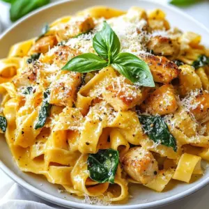 - 300g fettuccine or your pasta of choice - 2 boneless, skinless chicken breasts, diced - 2 tablespoons olive oil - 3 cloves garlic, minced - 1 cup heavy cream - 1 cup chicken broth - 1 cup spinach leaves - 1/2 cup grated Parmesan cheese - 1 teaspoon Italian seasoning - Salt and pepper to taste - Fresh basil leaves When I make creamy chicken pasta, I always gather my main ingredients first. The fettuccine provides a nice base. You can use any pasta you like, though. Diced chicken breasts add protein and flavor. Olive oil helps to cook the chicken and adds richness. Minced garlic gives that tasty aroma and depth. Next, I reach for the heavy cream. It makes the sauce rich and dreamy. I also grab chicken broth to enhance the sauce. Spinach leaves add a pop of color and nutrients. Grated Parmesan cheese brings in a savory note. Italian seasoning gives a hint of herbs. Don't forget salt and pepper to taste! Finally, fresh basil leaves are perfect for garnish. They add color and freshness to the dish. Each ingredient plays a role in making this meal delicious and satisfying. {{ingredient_image_1}} First, fill a large pot with water. Add a good amount of salt. Bring the water to a boil. Once boiling, add the fettuccine. Cook the pasta until it is al dente, which takes about 8-10 minutes. When done, carefully drain the pasta in a colander. Don&rsquo;t forget to save about 1/2 cup of the pasta water for later. Next, take a large skillet and heat two tablespoons of olive oil over medium heat. While the oil heats, season the diced chicken with salt and pepper. Add the chicken to the skillet. Cook it for about 6-8 minutes, until it turns golden brown and is fully cooked. Once cooked, remove the chicken from the skillet and set it aside. In the same skillet, add the minced garlic. Saut&eacute; it for about one minute until it smells great but be careful not to burn it. Now, pour in one cup of chicken broth and bring it to a simmer. Let it cook for 3-4 minutes. Then, stir in one cup of heavy cream and one teaspoon of Italian seasoning. Mix it well and let it simmer gently. Now, return the cooked chicken to the skillet. Add the drained pasta to the skillet as well. Toss everything together, adding a bit of the reserved pasta water as needed. This helps to get the sauce to your preferred creaminess. Finally, fold in one cup of spinach leaves until they wilt. To finish, remove the skillet from heat. Stir in half a cup of grated Parmesan cheese. Mix until the cheese melts and the sauce thickens a bit. Taste your dish and adjust the salt and pepper as needed. Now, plate your creamy chicken pasta and garnish with fresh basil leaves and more Parmesan if you like. Enjoy! To get the perfect sauce, focus on the right thickness. Start by simmering the chicken broth until it reduces a bit. This adds flavor and helps your sauce become creamy. If you want a richer taste, add more Parmesan cheese or chicken broth as needed. Taste it along the way to find your favorite flavor balance. For even cooking, cut the chicken into uniform pieces. This way, all the pieces cook the same. You can marinate the chicken in olive oil, garlic, and herbs before cooking. This adds extra flavor. Just remember to let it sit for at least 30 minutes to soak in those tasty juices. To stop your pasta from sticking, stir it often while boiling. Use plenty of salted water. After cooking, always save some pasta water. This water has starch that helps thicken your sauce. Add a splash if your sauce feels too thick or dry. It makes a big difference! Pro Tips Use Fresh Ingredients: Whenever possible, opt for fresh chicken and spinach to enhance the flavor and nutritional value of your dish. Adjust Creaminess: If you prefer a lighter sauce, you can substitute half of the heavy cream with low-fat milk or a plant-based alternative. Perfectly Cooked Pasta: Make sure to cook your pasta al dente; it will continue to cook a bit when mixed with the sauce, absorbing flavors. Customize Your Herbs: Feel free to substitute Italian seasoning with fresh herbs like thyme or rosemary for a unique flavor profile. {{image_2}} You can make your creamy chicken pasta even better by adding vegetables. Try mushrooms, bell peppers, or sun-dried tomatoes. These veggies add flavor and color. You can also use seasonal vegetables for freshness. Fresh zucchini or asparagus can brighten your dish. If you want to change the protein, consider shrimp or tofu. Shrimp cooks fast and adds a nice taste. Tofu gives a vegetarian option and soaks up flavors well. This way, everyone can enjoy the meal, regardless of their diet. You can swap out the fettuccine for other pasta types. Try penne or rigatoni for fun shapes. Whole wheat pasta is a healthier choice. If you need gluten-free options, many brands make gluten-free pasta that tastes great. Experimenting with different pasta keeps the meal exciting! To store leftovers, let the creamy chicken pasta cool first. Place it in airtight containers. This keeps it fresh and tasty. Use glass or plastic containers that seal well. They protect food from air and moisture. You can store it in the fridge for up to three days. When reheating creamy chicken pasta, use the stove or microwave. If using the stove, warm it in a pan over low heat. Add a splash of chicken broth to keep it creamy. Stir often to heat evenly. If using the microwave, cover the container with a lid. Heat in short bursts, stirring in between. This helps maintain the sauce's smooth texture. You can freeze creamy chicken pasta for later use. Let it cool completely before freezing. Portion it into freezer-safe bags or containers. Remove as much air as possible. Label the bags with the date. You can freeze it for up to three months. To thaw, place the container in the fridge overnight. Reheat gently, adding broth to restore creaminess. You can use zucchini noodles or spaghetti squash. Both options taste great and keep the dish light. Cauliflower rice is another good choice. It adds a nice texture and flavor without the grains. Yes, you can prepare this meal in advance. Cook the chicken and pasta, then store them separately. This keeps everything fresh. When ready, combine the chicken and pasta with the sauce. Reheat on low heat, adding a splash of broth to keep it creamy. To boost flavor, try adding fresh herbs like basil or parsley. You can also use crushed red pepper for heat. A squeeze of lemon juice brightens the dish. Experiment with different spices like oregano or thyme for a unique twist. Yes, you can use half-and-half or coconut cream for a lighter version. Greek yogurt is another option, adding creaminess and tang. Just mix it in slowly to avoid curdling. You can also use a dairy-free cream for a vegan version. Searing the chicken in a skillet is best. Use medium heat and let it brown for about 6-8 minutes. This keeps the chicken juicy. Always check that it's cooked through. You can marinate the chicken for added flavor before cooking. In this post, we explored how to make a delicious creamy chicken pasta. We covered essential ingredients like fettuccine, chicken, and spinach. You learned step-by-step cooking methods, from boiling pasta to perfecting the sauce. Tips helped you improve the flavors and texture. We also discussed possible variations, storage, and reheating methods. Now, you have all the tools to create this tasty dish. Enjoy cooking and impress your family or friends with your new skills!