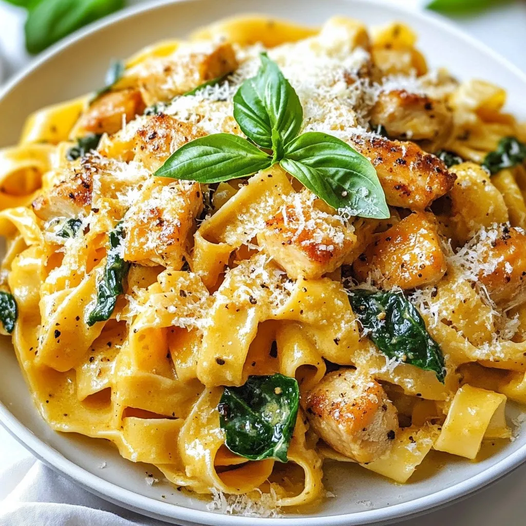 - 300g fettuccine or your pasta of choice - 2 boneless, skinless chicken breasts, diced - 2 tablespoons olive oil - 3 cloves garlic, minced - 1 cup heavy cream - 1 cup chicken broth - 1 cup spinach leaves - 1/2 cup grated Parmesan cheese - 1 teaspoon Italian seasoning - Salt and pepper to taste - Fresh basil leaves When I make creamy chicken pasta, I always gather my main ingredients first. The fettuccine provides a nice base. You can use any pasta you like, though. Diced chicken breasts add protein and flavor. Olive oil helps to cook the chicken and adds richness. Minced garlic gives that tasty aroma and depth. Next, I reach for the heavy cream. It makes the sauce rich and dreamy. I also grab chicken broth to enhance the sauce. Spinach leaves add a pop of color and nutrients. Grated Parmesan cheese brings in a savory note. Italian seasoning gives a hint of herbs. Don't forget salt and pepper to taste! Finally, fresh basil leaves are perfect for garnish. They add color and freshness to the dish. Each ingredient plays a role in making this meal delicious and satisfying. {{ingredient_image_1}} First, fill a large pot with water. Add a good amount of salt. Bring the water to a boil. Once boiling, add the fettuccine. Cook the pasta until it is al dente, which takes about 8-10 minutes. When done, carefully drain the pasta in a colander. Don’t forget to save about 1/2 cup of the pasta water for later. Next, take a large skillet and heat two tablespoons of olive oil over medium heat. While the oil heats, season the diced chicken with salt and pepper. Add the chicken to the skillet. Cook it for about 6-8 minutes, until it turns golden brown and is fully cooked. Once cooked, remove the chicken from the skillet and set it aside. In the same skillet, add the minced garlic. Sauté it for about one minute until it smells great but be careful not to burn it. Now, pour in one cup of chicken broth and bring it to a simmer. Let it cook for 3-4 minutes. Then, stir in one cup of heavy cream and one teaspoon of Italian seasoning. Mix it well and let it simmer gently. Now, return the cooked chicken to the skillet. Add the drained pasta to the skillet as well. Toss everything together, adding a bit of the reserved pasta water as needed. This helps to get the sauce to your preferred creaminess. Finally, fold in one cup of spinach leaves until they wilt. To finish, remove the skillet from heat. Stir in half a cup of grated Parmesan cheese. Mix until the cheese melts and the sauce thickens a bit. Taste your dish and adjust the salt and pepper as needed. Now, plate your creamy chicken pasta and garnish with fresh basil leaves and more Parmesan if you like. Enjoy! To get the perfect sauce, focus on the right thickness. Start by simmering the chicken broth until it reduces a bit. This adds flavor and helps your sauce become creamy. If you want a richer taste, add more Parmesan cheese or chicken broth as needed. Taste it along the way to find your favorite flavor balance. For even cooking, cut the chicken into uniform pieces. This way, all the pieces cook the same. You can marinate the chicken in olive oil, garlic, and herbs before cooking. This adds extra flavor. Just remember to let it sit for at least 30 minutes to soak in those tasty juices. To stop your pasta from sticking, stir it often while boiling. Use plenty of salted water. After cooking, always save some pasta water. This water has starch that helps thicken your sauce. Add a splash if your sauce feels too thick or dry. It makes a big difference! Pro Tips Use Fresh Ingredients: Whenever possible, opt for fresh chicken and spinach to enhance the flavor and nutritional value of your dish. Adjust Creaminess: If you prefer a lighter sauce, you can substitute half of the heavy cream with low-fat milk or a plant-based alternative. Perfectly Cooked Pasta: Make sure to cook your pasta al dente; it will continue to cook a bit when mixed with the sauce, absorbing flavors. Customize Your Herbs: Feel free to substitute Italian seasoning with fresh herbs like thyme or rosemary for a unique flavor profile. {{image_2}} You can make your creamy chicken pasta even better by adding vegetables. Try mushrooms, bell peppers, or sun-dried tomatoes. These veggies add flavor and color. You can also use seasonal vegetables for freshness. Fresh zucchini or asparagus can brighten your dish. If you want to change the protein, consider shrimp or tofu. Shrimp cooks fast and adds a nice taste. Tofu gives a vegetarian option and soaks up flavors well. This way, everyone can enjoy the meal, regardless of their diet. You can swap out the fettuccine for other pasta types. Try penne or rigatoni for fun shapes. Whole wheat pasta is a healthier choice. If you need gluten-free options, many brands make gluten-free pasta that tastes great. Experimenting with different pasta keeps the meal exciting! To store leftovers, let the creamy chicken pasta cool first. Place it in airtight containers. This keeps it fresh and tasty. Use glass or plastic containers that seal well. They protect food from air and moisture. You can store it in the fridge for up to three days. When reheating creamy chicken pasta, use the stove or microwave. If using the stove, warm it in a pan over low heat. Add a splash of chicken broth to keep it creamy. Stir often to heat evenly. If using the microwave, cover the container with a lid. Heat in short bursts, stirring in between. This helps maintain the sauce's smooth texture. You can freeze creamy chicken pasta for later use. Let it cool completely before freezing. Portion it into freezer-safe bags or containers. Remove as much air as possible. Label the bags with the date. You can freeze it for up to three months. To thaw, place the container in the fridge overnight. Reheat gently, adding broth to restore creaminess. You can use zucchini noodles or spaghetti squash. Both options taste great and keep the dish light. Cauliflower rice is another good choice. It adds a nice texture and flavor without the grains. Yes, you can prepare this meal in advance. Cook the chicken and pasta, then store them separately. This keeps everything fresh. When ready, combine the chicken and pasta with the sauce. Reheat on low heat, adding a splash of broth to keep it creamy. To boost flavor, try adding fresh herbs like basil or parsley. You can also use crushed red pepper for heat. A squeeze of lemon juice brightens the dish. Experiment with different spices like oregano or thyme for a unique twist. Yes, you can use half-and-half or coconut cream for a lighter version. Greek yogurt is another option, adding creaminess and tang. Just mix it in slowly to avoid curdling. You can also use a dairy-free cream for a vegan version. Searing the chicken in a skillet is best. Use medium heat and let it brown for about 6-8 minutes. This keeps the chicken juicy. Always check that it's cooked through. You can marinate the chicken for added flavor before cooking. In this post, we explored how to make a delicious creamy chicken pasta. We covered essential ingredients like fettuccine, chicken, and spinach. You learned step-by-step cooking methods, from boiling pasta to perfecting the sauce. Tips helped you improve the flavors and texture. We also discussed possible variations, storage, and reheating methods. Now, you have all the tools to create this tasty dish. Enjoy cooking and impress your family or friends with your new skills!