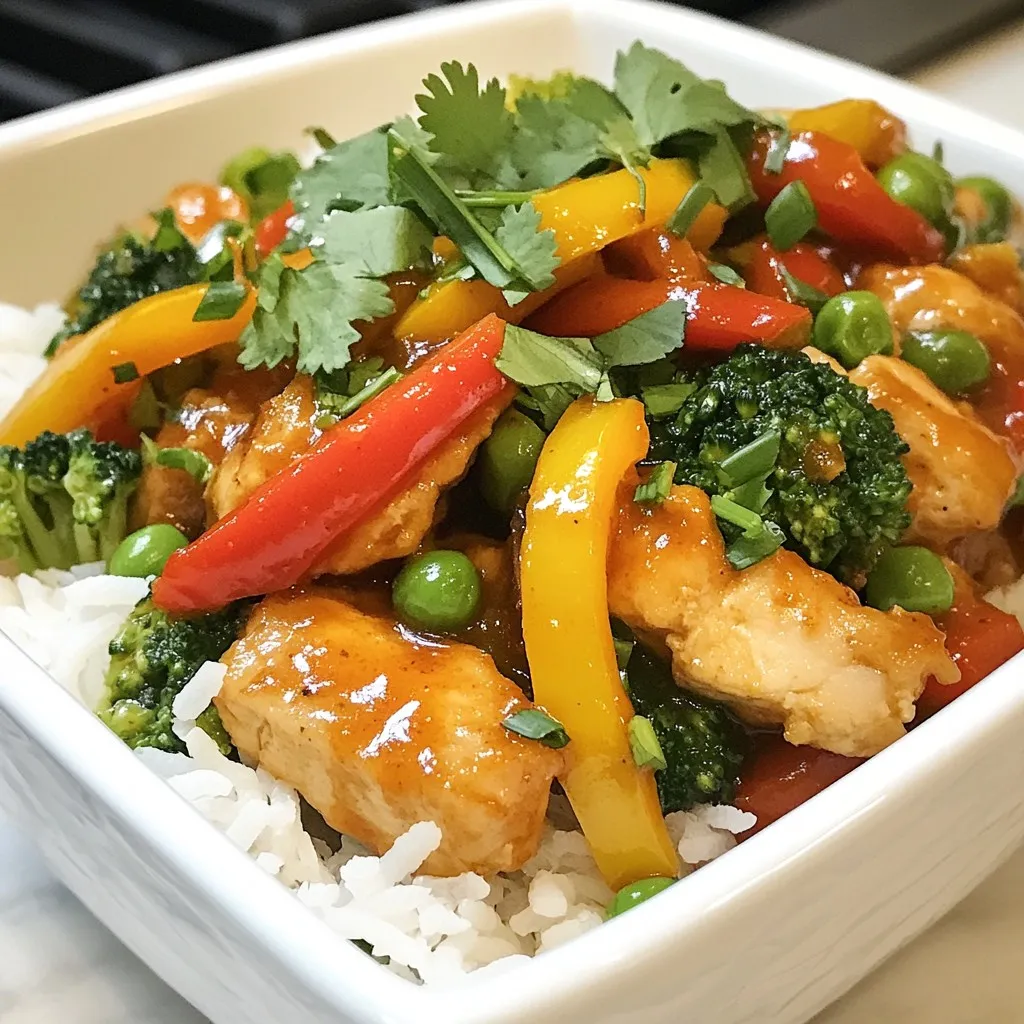 - 1 lb chicken breast, sliced into thin strips - 2 tablespoons cornstarch - 2 tablespoons vegetable oil - 1 red bell pepper, sliced - 1 yellow bell pepper, sliced - 1 cup broccoli florets - 1 cup snap peas - 3 green onions, chopped - 4 cloves garlic, minced - 1 tablespoon ginger, grated - 3 tablespoons soy sauce (low sodium) - 1 tablespoon rice vinegar - 1 tablespoon sesame oil - 1 teaspoon honey - Salt and pepper to taste - Cooked jasmine or brown rice for serving - Sesame seeds for garnish - Fresh cilantro leaves for garnish - Additional vegetables like mushrooms or carrots - Use tamari instead of soy sauce for gluten-free needs. - Swap chicken for tofu or chickpeas for a plant-based meal. - Replace vegetable oil with olive oil or avocado oil for a different taste. {{ingredient_image_1}} First, take your chicken breast and slice it into thin strips. This helps it cook faster and stay tender. Next, place the chicken in a bowl. Add 2 tablespoons of cornstarch and mix well. Make sure each piece is fully coated. This coating will give your chicken a nice crispy texture when cooked. Now, heat a large skillet or wok over medium-high heat. Pour in 1 tablespoon of vegetable oil. Once the oil is hot, add the chicken strips in a single layer. Cook them for about 5 to 7 minutes. You want them golden brown and fully cooked. When done, remove the chicken from the skillet and set it aside. In the same skillet, add the remaining tablespoon of vegetable oil. Toss in 4 cloves of minced garlic and 1 tablespoon of grated ginger. Cook these for about 30 seconds until they smell amazing. Next, add 1 sliced red bell pepper, 1 sliced yellow bell pepper, 1 cup of broccoli florets, and 1 cup of snap peas. Stir-fry these veggies for about 3 to 5 minutes. You want them to be tender-crisp. After that, return the cooked chicken to the skillet. Pour in 3 tablespoons of low-sodium soy sauce, 1 tablespoon of rice vinegar, 1 tablespoon of sesame oil, and 1 teaspoon of honey. Stir everything together for 1 to 2 minutes. This will heat it all through and blend the flavors nicely. Finally, season with salt and pepper to taste. To get crispy chicken, start with cornstarch. Coat the chicken well; it creates crunch. Make sure your oil is hot. This helps seal the chicken quickly. Cook in a single layer. Don’t crowd the pan; give it space. Flip the chicken only once to get that golden color. High heat is key for stir-frying. Use a large skillet or wok. Make sure your oil is hot before adding ingredients. Add aromatics like garlic and ginger first. They add a lot of flavor! Then, add your veggies. Keep them moving for even cooking. Stir-fry quickly for about 3-5 minutes. This keeps the veggies crisp. To boost flavor, try adding some chili flakes for heat. Fresh herbs like cilantro also brighten the dish. You can swap the soy sauce for tamari for a gluten-free option. Add a splash of lime juice for tang. Always taste as you go and adjust the seasoning. This way, you get a meal that fits your taste perfectly. Pro Tips Use High Heat: Cooking on high heat allows the chicken to sear quickly, locking in juices and creating a delicious crispy exterior. Prep Your Ingredients: Have all your vegetables and sauces ready to go before starting to cook, as stir-frying is a quick process. Don’t Overcrowd the Pan: To ensure even cooking, stir-fry in batches if necessary, allowing enough space for the chicken and vegetables to sear properly. Customize Your Veggies: Feel free to swap in your favorite vegetables or whatever you have on hand for a personalized touch! {{image_2}} You can easily make this dish vegetarian or vegan. Swap the chicken for tofu or tempeh. Both absorb flavors well and add great texture. Press the tofu to remove extra water, then cut it into strips. Toss it in cornstarch just like the chicken for that crispy bite. Use vegetable broth instead of soy sauce for added depth. This way, you keep the taste while keeping it plant-based. Feel free to change the type of protein in this stir fry. You can use shrimp, beef, or pork instead of chicken. Each protein brings its own flavor and texture. If using shrimp, cook it for just a few minutes until it turns pink. For beef or pork, slice thinly against the grain for tenderness. Adjust cooking times to ensure your protein is cooked through but not overdone. Using seasonal vegetables can elevate your stir fry. It adds color and freshness. In spring, try adding asparagus or snap peas. In summer, zucchini or bell peppers shine. Autumn calls for squash or carrots, while winter is perfect for hearty greens like kale. Mix and match according to what’s fresh and on hand. This not only boosts flavor but also keeps your meals exciting and nutritious. After enjoying your Better-Than-Takeout Chicken Stir Fry, let the dish cool. Use airtight containers to store leftovers. This keeps the flavors fresh and tasty. You can store the stir fry in the fridge for up to three days. Make sure to separate the rice from the chicken and veggies. This helps maintain the texture. When reheating, I recommend using a skillet on medium heat. Add a splash of water or broth to keep it moist. Stir often to heat evenly. This usually takes about 5-7 minutes. You can also use a microwave, but cover the dish with a damp paper towel. This prevents the chicken from drying out. Heat in short bursts of 30 seconds, stirring in between. For meal prep, freezing is a great option. Cool the stir fry completely before freezing. Use freezer-safe containers or bags. Label them with the date for easy tracking. The stir fry can freeze well for up to three months. When ready to eat, thaw it in the fridge overnight. Reheat it as described above for the best taste. Yes, you can use frozen chicken or vegetables. Just remember to thaw them first. For chicken, let it sit in the fridge overnight. You can also run it under cold water for quicker thawing. For vegetables, microwave them for a few minutes. This helps them cook evenly in the stir fry. Using frozen ingredients might change the texture a bit. Frozen chicken may release more water. This can make your stir fry watery. If that happens, just cook it a bit longer. This way, you will get a nice, thick sauce. If you need a soy sauce substitute, try tamari. Tamari is gluten-free and tastes similar. You can also use coconut aminos, which is a bit sweeter. Another option is to mix water with a little Worcestershire sauce. This gives a nice flavor too. For a homemade soy sauce alternative, mix 1/4 cup of broth with 1 tablespoon of vinegar. Add a pinch of salt for extra flavor. This works great in a pinch! To spice up your stir fry, add red pepper flakes. Start with a pinch and adjust to your taste. You can also chop fresh chili peppers and throw them in while cooking. Sriracha is another great option. Just drizzle some on top before serving. If you love heat, consider using spicy sesame oil. This adds a kick without changing the recipe too much. Remember, start small and keep tasting. You can always add more spice, but you can't take it away! This blog outlined key ingredients and easy steps to cook chicken. You learned tips for crispy texture and stir-frying veggies right. I shared how to adapt the recipe for different diets and store leftovers safely. In conclusion, cooking can be simple and fun with these methods. Use these ideas to make meals you love. Enjoy experimenting and sharing your dishes with friends!