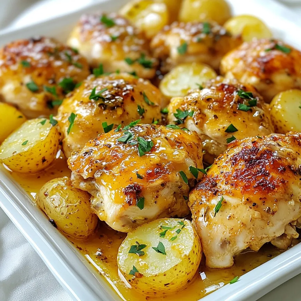 - 4 boneless, skinless chicken breasts - 4 cups baby potatoes, halved - 1 cup grated Parmesan cheese - 1/2 cup plain Greek yogurt - 3 cloves garlic, minced - 1 teaspoon dried oregano - 1 teaspoon paprika - 1/2 teaspoon black pepper - Salt to taste - 2 tablespoons fresh parsley, chopped - 2 tablespoons olive oil To start, I love gathering fresh ingredients for this dish. The chicken breasts form the main part. They should be boneless and skinless for easy cooking. Baby potatoes add great texture and flavor. Their small size means they cook quickly and evenly. Next, we need Parmesan cheese. It adds a rich, salty flavor that you’ll love. For the marinade, I use Greek yogurt. It makes the chicken tender and moist. Minced garlic gives the dish a bold taste. I choose dried oregano and paprika for warmth. Black pepper adds a kick. Don't forget the salt; it brings out all the flavors. For a touch of freshness, I suggest using parsley as a garnish. It brightens the dish. A little olive oil helps to roast the potatoes perfectly. Gather these ingredients, and you are ready to cook a delightful meal. {{ingredient_image_1}} Marinating the chicken Start by making the marinade. In a large bowl, mix together 1/2 cup of Greek yogurt, 3 minced garlic cloves, 1 teaspoon of dried oregano, 1 teaspoon of paprika, 1/2 teaspoon of black pepper, and a pinch of salt. This mix adds great flavor. Add the 4 boneless, skinless chicken breasts. Make sure each piece gets coated well. Let it marinate for at least 15 minutes. For even more flavor, marinate up to 1 hour in the fridge. Seasoning the potatoes While the chicken marinates, prepare the potatoes. Take 4 cups of halved baby potatoes and place them in a bowl. Drizzle with 2 tablespoons of olive oil, then sprinkle with salt and a little pepper. Toss until they are well coated. This step makes sure the potatoes taste amazing. Baking in the oven Preheat your oven to 400°F (200°C) before you bake. Spread the seasoned potatoes evenly on a baking sheet. Then, place the marinated chicken breasts right on top of the potatoes. It allows the flavors to blend nicely as they cook. Ensuring proper cooking temperature Next, sprinkle 1 cup of grated Parmesan cheese generously over the chicken and potatoes. Bake everything in the oven for 25-30 minutes. Make sure the chicken reaches an internal temperature of 165°F (74°C). This ensures it is safe to eat and well cooked. The potatoes should become tender and golden. Resting the dish After baking, take the dish out of the oven. Let it rest for about 5 minutes. This step helps the juices settle, making the chicken moist. Garnishing the plate Before serving, chop 2 tablespoons of fresh parsley and sprinkle it on top. This adds a lovely touch. You can serve this dish family-style on a large platter. Arrange the chicken on top of the golden potatoes and drizzle any remaining juices from the pan over everything for extra flavor. Enjoy your meal! For the best flavor, marinate the chicken for at least 15 minutes. If you have more time, let it sit in the fridge for up to 1 hour. It really helps the flavors soak in. If you don’t have Greek yogurt, use sour cream or buttermilk as a substitute. Both add creaminess and tang. To ensure crispy potatoes, make sure they are well-coated in olive oil. Spread them out on the baking sheet. This helps them cook evenly. Check the chicken's doneness by using a meat thermometer. The internal temperature should reach 165°F. This ensures the chicken is safe to eat. Serve this dish family-style on a large platter. Arrange the chicken on top of the golden potatoes. Drizzle any remaining juices over the top for added flavor. To enhance visual appeal, sprinkle fresh parsley on top. The green will pop against the golden potatoes and chicken. Pro Tips Marinate Longer for Deeper Flavor: For the best flavor, allow the chicken to marinate for at least 1 hour, or even overnight in the fridge. Use Fresh Garlic: Freshly minced garlic will give a more robust flavor compared to pre-minced or powdered garlic. Check Potato Doneness: Test the potatoes with a fork; they should be tender and easily pierced when done. Rest Before Serving: Allow the chicken to rest for a few minutes after baking; this helps keep it juicy and tender. {{image_2}} You can switch up the main protein in this dish. Try using turkey or tofu for a new flavor. For veggies, consider adding bell peppers, carrots, or zucchini. These will add color and nutrition. If you need dairy-free options, use a plant-based yogurt. Look for one that has a similar texture to Greek yogurt. Nutritional yeast can replace Parmesan cheese for a cheesy taste without dairy. To bring more flavor, you can add spices like thyme, rosemary, or even cayenne for heat. Fresh herbs, like basil or cilantro, can elevate the taste. You can also incorporate sauces like barbecue or hot sauce. Just drizzle them over the chicken before baking. This adds a nice kick and depth of flavor to the dish. Pair this dish with a simple green salad. A fresh side salad balances the rich chicken and potatoes. Garlic bread or roasted veggies also make great sides. For beverages, a crisp white wine like Sauvignon Blanc works well. If you prefer non-alcoholic drinks, try sparkling water with lemon. Both options will enhance your meal experience. To keep Garlic Parmesan chicken and potatoes fresh, store leftovers in the fridge. Use an airtight container for best results. This helps lock in flavor and moisture. It is best to eat leftovers within three days. When you want to enjoy your meal again, just reheat it. For even heating, use the oven or microwave. If you have more leftovers than you can eat, freezing is a great option. Place the chicken and potatoes in a freezer-safe container. Make sure to separate them with parchment paper to avoid sticking. You can freeze the dish for up to four months. When ready to eat, thaw in the fridge overnight. For reheating, place in the oven at 350°F (175°C) until heated through. This usually takes about 20-30 minutes. In the fridge, Garlic Parmesan chicken and potatoes last about three days. Keep an eye out for signs of spoilage. If the chicken smells off or looks discolored, it’s best to throw it away. Also, check the potatoes for any sliminess or dark spots. These signs mean the dish has gone bad. Always trust your senses when it comes to food safety. How do I make Garlic Parmesan Chicken and Potatoes gluten-free? To make this dish gluten-free, replace the Greek yogurt with a dairy-free option, if needed. Use gluten-free spices and ensure your Parmesan cheese is gluten-free as well. Most cheeses are naturally gluten-free, but it's wise to check the label. Can I use chicken thighs instead of breasts? Yes, you can use chicken thighs! They have more fat, which gives them extra flavor. Just adjust the cooking time slightly, as thighs may need a few extra minutes to cook through. How to adjust the recipe for more servings? To serve more people, simply double the ingredients. Use larger pans to spread everything out. Keep cooking times similar but check for doneness, as larger batches may need extra time. What’s the best way to add heat to the dish? For some spice, add red pepper flakes to the marinade. You can also use hot paprika or a dash of cayenne pepper. This will give the dish a nice kick without overpowering the garlic and Parmesan. Can I grill instead of bake? Yes, grilling works great! Marinate the chicken as usual. Cook the chicken on medium heat for about 6-7 minutes per side. Make sure the internal temperature reaches 165°F (74°C). What is the best way to achieve crispy skin on chicken? To get crispy skin, pat the chicken dry before marinating. Use a higher oven temperature of 425°F (220°C) if baking. Ensure the chicken is not overcrowded on the pan. This allows heat to circulate and crisp the skin nicely. This blog post covers everything you need for a tasty Garlic Parmesan Chicken and Potatoes meal. We discussed the key ingredients, including chicken breasts and baby potatoes, and how to marinate and cook them to perfection. I shared useful tips for marination, cooking, and presentation to make your dish shine. You can also explore variations to suit your taste. Remember to store leftovers properly to keep everything fresh. With these steps, you’ll create a delicious dish every time. Happy cooking!