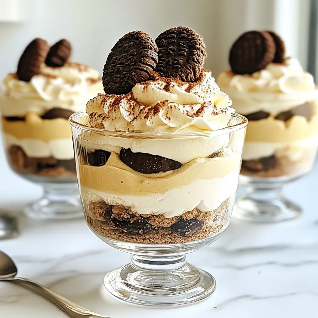 When making Cookies & Cream Mousse, you need a few key ingredients. Each one adds to the creamy and sweet taste. - 1 cup heavy whipping cream - 1/2 cup powdered sugar - 1 teaspoon vanilla extract - 1 cup crushed chocolate sandwich cookies (e.g., Oreos) - 1/2 cup cream cheese, softened - 1/2 cup milk - 1 tablespoon cocoa powder (optional, for extra richness) - Additional whole cookies for garnish Heavy whipping cream gives the mousse its light and airy texture. Powdered sugar adds the right sweetness. Vanilla extract enhances the flavor beautifully. Crushed chocolate sandwich cookies provide that signature cookies and cream taste. Cream cheese makes the mousse rich and creamy. Milk helps blend everything together smoothly. You can add cocoa powder for a deeper chocolate flavor if you'd like. Lastly, whole cookies make a great garnish on top, giving your mousse a fun look. With these ingredients, you are ready to whip up a delightful treat! {{ingredient_image_1}} To start, take a large mixing bowl. You will need to whip the heavy cream. Use a hand mixer or stand mixer on high speed. Whip until soft peaks form, which means the cream holds its shape but still looks fluffy. Next, slowly add the powdered sugar and vanilla extract while you keep whipping. Continue until you see stiff peaks. This means the cream is thick and will hold its shape well. Set the whipped cream aside. In another bowl, mix the softened cream cheese and milk together. Use a whisk or an electric mixer. You want to blend until it is smooth and creamy. If you like extra chocolate flavor, add the cocoa powder here. This will make your mousse richer and even more delicious. Now, it’s time to combine everything. Take the whipped cream and gently fold it into the cream cheese mixture. A spatula works best for this. Be careful not to deflate the whipped cream; you want it to stay fluffy. After that, fold in the crushed chocolate sandwich cookies. Make sure they are evenly spread throughout the mousse for that classic cookies and cream taste. Finally, spoon the mousse into serving cups or bowls. I like to use clear glass cups so you can see the layers. Then, place them in the fridge for at least two hours. This helps the mousse set and become nice and firm. When you are ready to serve, add a whole chocolate sandwich cookie on top for a fun touch! To make great whipped cream, start with chilled tools. Chilling your bowl and beaters makes a big difference. Cold tools help the cream whip faster and reach the right texture. You will know you have stiff peaks when the cream holds its shape well. This means it stands tall without falling. You can change the flavor by using different cookie types. Try mint chocolate cookies for a fresh twist. You might also use peanut butter cookies for a nutty taste. Another fun option is to flavor the cream cheese. Add a bit of almond or hazelnut extract for a unique kick. For a stunning look, layer the mousse in clear cups. This shows off the cookies and cream. You might drizzle melted chocolate on top for a rich finish. To make it pretty, add a whole cookie as a garnish. This simple touch adds charm to your mousse. Pro Tips Chill Your Bowls: For an extra fluffy mousse, chill your mixing bowls and beaters in the fridge for about 15 minutes before whipping the cream. Use a Gentle Hand: When folding the whipped cream into the cream cheese mixture, use a gentle folding motion to maintain the light, airy texture of the mousse. Experiment with Flavors: Feel free to add a splash of espresso or almond extract to the cream cheese mixture for a unique flavor twist. Perfect Serving Temperature: Serve the mousse slightly chilled for the best texture and flavor experience; too cold may mask the richness. {{image_2}} You can have fun with flavors in your cookies and cream mousse. Try mint chocolate cookies for a fresh twist. The mint adds a cool taste that pairs well with cream. You can also use peanut butter cookies. This adds a nutty richness that makes your mousse even better. If you need dairy-free options, use coconut cream instead of heavy cream. It's rich and creamy too. For cream cheese, try a dairy-free version. You can also find sugar-free substitutes for powdered sugar. These swaps help those with dietary needs enjoy this treat. To impress your guests, layer the mousse with other desserts. You could add fruit or cake layers for color and taste. For serving, use different vessels. Clear glass cups show off the layers and cookie pieces beautifully. You can even drizzle melted chocolate on top for a fancy look. To keep your cookies and cream mousse fresh, use airtight containers. This prevents air from getting in and drying out your treat. Always store the mousse in the fridge. It stays cooler and firmer there. Your mousse lasts about three days when stored properly. After that, it may lose its creamy texture. Always check for any changes in smell or taste before eating. Yes, you can freeze the mousse! I recommend spooning it into small containers. This makes it easy to thaw just the right amount later. For best results, let it thaw in the fridge overnight. This keeps the texture smooth and creamy. Avoid thawing it at room temperature, as it may become watery. Chocolate sandwich cookies are two chocolate cookies with a sweet cream filling. They are popular and easy to find. The most famous brand is Oreos. Other brands include Hydrox and Trader Joe's Joe-Joe's. These cookies add great flavor and texture to desserts like mousse. Yes, you can substitute heavy cream. Good options include coconut cream or whipped coconut milk. These dairy-free choices work well, but they change the flavor slightly. You can also use whole milk, but it won’t be as rich and creamy. Just remember that the mousse may not be as fluffy. To prepare this recipe ahead of time, follow these steps: 1. Make the mousse as directed. 2. Spoon it into cups or bowls. 3. Cover them tightly with plastic wrap. 4. Store in the fridge for up to two days. This way, the flavors will blend well, and you will have a tasty treat ready to serve. If you want a non-dairy option, you can use cashew cream. Mash soaked cashews with a bit of milk until smooth. Another choice is silken tofu blended until creamy. Both options give a nice texture without dairy. You can also try store-bought vegan cream cheese for a simple swap. This blog post walked you through making a delicious chocolate mousse. You learned about the key ingredients, like heavy cream and chocolate cookies. I shared steps for whipping cream and mixing in cream cheese. Tips for perfect results and variations offered new ideas for flavor. Remember to store your mousse in airtight containers for freshness. Enjoy exploring different tastes and presentations! This simple recipe allows creativity while satisfying your sweet tooth. Give it a try, and impress your friends or family with your skills!