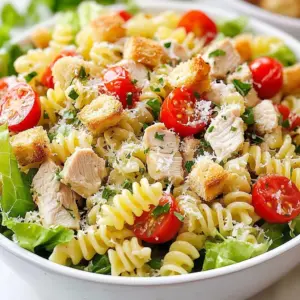 - 2 cups rotini pasta - 2 cups cooked chicken breast, diced - 1 cup cherry tomatoes, halved - 1 cup romaine lettuce, chopped - 1/2 cup parmesan cheese, grated - 1/3 cup caesar dressing - 1 tablespoon olive oil - Salt and pepper to taste - 1 teaspoon garlic powder - 1/4 cup croutons - Fresh parsley, chopped This Chicken Caesar Pasta Salad is full of flavor and easy to make. The rotini pasta works great because it holds the dressing well. The chicken adds protein, making this dish filling. Cherry tomatoes give it a nice burst of color and taste. Romaine lettuce adds a crisp crunch that contrasts with the tender pasta. The dressing blends everything together. I use caesar dressing for its rich, creamy flavor. A sprinkle of parmesan cheese boosts the taste even more. Olive oil helps the dressing stick and adds a smooth finish. Garlic powder gives an extra kick, while salt and pepper balance the flavors. To finish, I add croutons for a satisfying crunch. Fresh parsley on top not only looks pretty but also adds a bright, fresh note. This pasta salad is perfect for lunch or dinner. It is simple, tasty, and sure to impress everyone at your table. {{ingredient_image_1}} - Bring salted water to a boil. - Cook rotini according to package directions. - Drain and rinse under cold water. Cooking pasta is simple. Make sure you add enough salt to your water. This helps the pasta taste better. Follow the package instructions closely. You want the pasta to be firm but not hard. Once cooked, drain it well. Rinse under cold water to stop the cooking. This keeps it from getting mushy. - Grill or saut&eacute; chicken breast until fully cooked. - Season with salt, pepper, and garlic powder. - Dice cooked chicken into bite-sized pieces. Cooking the chicken is key for great flavor. You can grill or saut&eacute; it. Cook until it&rsquo;s no longer pink inside. This should take about six to seven minutes per side. Season it while cooking with salt, pepper, and garlic powder. Once done, let it cool a bit, then dice it into small pieces. - In a mixing bowl, combine pasta, chicken, tomatoes, lettuce, and parmesan. - Drizzle with caesar dressing and olive oil. - Toss gently to combine. Now, let&rsquo;s mix everything. In a large bowl, add the cooled pasta, chicken, halved cherry tomatoes, chopped romaine, and grated parmesan cheese. Drizzle the caesar dressing and olive oil over the top. Toss gently so everything gets coated but stays together. This is where the magic happens! - Sprinkle croutons over the salad. - Garnish with fresh parsley. - Serve immediately. Just before serving, add croutons on top for a nice crunch. Then, sprinkle fresh parsley for a pop of color. This makes the dish look great and taste fresh. Serve it right away for the best flavor and texture. Enjoy your Chicken Caesar Pasta Salad! To cook al dente pasta, you need to watch the time. Follow the package directions closely. Start checking the pasta one or two minutes early. It should be firm but not hard. After cooking, drain the pasta right away. Rinse it under cold water to stop the cooking process. This helps keep the texture just right. You can grill or saut&eacute; chicken for this salad. Grilling gives a smoky flavor. Saut&eacute;ing is quick and easy. Both methods work well. Cook the chicken until it reaches 165&deg;F for safety. To boost flavor, season the chicken with salt, pepper, and garlic powder. You can also add lemon juice or herbs for extra taste. For a homemade Caesar dressing, mix mayonnaise, lemon juice, garlic, and parmesan. You can also use Greek yogurt for a lighter option. If you want a dairy-free dressing, try tahini or a vegan mayo. These options keep the salad creamy without dairy. Pro Tips Cook Pasta Al Dente: Make sure to cook the rotini pasta al dente for the perfect texture. This prevents the pasta from becoming mushy when mixed with the other ingredients. Use Grilled Chicken: For an added layer of flavor, grill the chicken breast instead of saut&eacute;ing it. The smoky char will enhance the overall taste of the salad. Chill Before Serving: Let the salad chill in the refrigerator for at least 15 minutes before serving. This allows the flavors to meld together beautifully. Add Croutons Last: To maintain the crunchiness of the croutons, add them just before serving. This will keep them from getting soggy in the dressing. {{image_2}} You can easily swap ingredients in this salad. If you want a different protein, try grilled shrimp or tofu instead of chicken. Both options add a unique taste. You can also add fresh vegetables like cucumbers or bell peppers. These add crunch and color to your dish. To spice things up, add red pepper flakes. This will give your salad a nice kick. You can also change the cheese. Instead of parmesan, try feta or mozzarella. Each cheese brings a new flavor profile. Mixing different cheeses can make your salad even more exciting. This dish is great for meal prep. You can make it ahead of time and store it in the fridge. It also works well as a side dish or a main course. If serving it as a main, add more chicken or pasta to make it heartier. Enjoy it however you like! To keep your Chicken Caesar Pasta Salad fresh, store leftovers in the fridge. Use a tight container to seal in flavor. If you plan to freeze it, leave out the croutons. They get soggy in the freezer. You can add them fresh when you serve the salad later. This salad lasts about three days in the fridge. Check for any changes in smell or color. If it smells off or looks slimy, it&rsquo;s time to toss it. Always trust your senses when deciding if food is still good. For reheating, I recommend warming the pasta gently. Use a microwave with a splash of water. Stir every 30 seconds until heated through. This helps keep the pasta from getting mushy. When serving leftovers, add fresh croutons and a drizzle of dressing to liven it up. Yes, you can make this salad ahead of time. It tastes great chilled. For best flavor, prepare it up to 24 hours in advance. Store it in an airtight container in the fridge. Keep the croutons separate until serving. This will keep them crunchy. I recommend using rotini pasta. Its spiral shape holds the dressing well. Other good choices are fusilli or penne. Avoid flat pasta shapes like spaghetti; they won&rsquo;t hold the dressing as well. You can use gluten-free rotini or penne pasta. Many brands offer great options. Check the label to ensure it is truly gluten-free. For dressing, use a gluten-free Caesar dressing. Look for options made without wheat ingredients. You&rsquo;ve learned the key parts of a tasty Chicken Caesar Pasta Salad. Use rotini, chicken, and fresh veggies for a healthy mix. Dress it up with parmesan and creamy dressing for full flavor. Remember, you can swap ingredients or try new dressings to keep it exciting. Store leftovers properly to enjoy later. With these tips and tricks, you can make a delicious salad that suits everyone. Enjoy your cooking and the tasty results!