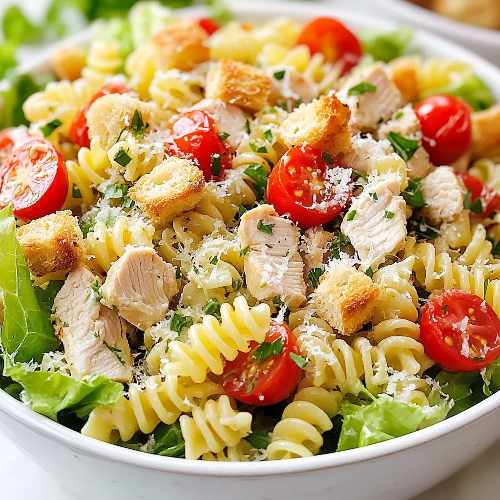 - 2 cups rotini pasta - 2 cups cooked chicken breast, diced - 1 cup cherry tomatoes, halved - 1 cup romaine lettuce, chopped - 1/2 cup parmesan cheese, grated - 1/3 cup caesar dressing - 1 tablespoon olive oil - Salt and pepper to taste - 1 teaspoon garlic powder - 1/4 cup croutons - Fresh parsley, chopped This Chicken Caesar Pasta Salad is full of flavor and easy to make. The rotini pasta works great because it holds the dressing well. The chicken adds protein, making this dish filling. Cherry tomatoes give it a nice burst of color and taste. Romaine lettuce adds a crisp crunch that contrasts with the tender pasta. The dressing blends everything together. I use caesar dressing for its rich, creamy flavor. A sprinkle of parmesan cheese boosts the taste even more. Olive oil helps the dressing stick and adds a smooth finish. Garlic powder gives an extra kick, while salt and pepper balance the flavors. To finish, I add croutons for a satisfying crunch. Fresh parsley on top not only looks pretty but also adds a bright, fresh note. This pasta salad is perfect for lunch or dinner. It is simple, tasty, and sure to impress everyone at your table. {{ingredient_image_1}} - Bring salted water to a boil. - Cook rotini according to package directions. - Drain and rinse under cold water. Cooking pasta is simple. Make sure you add enough salt to your water. This helps the pasta taste better. Follow the package instructions closely. You want the pasta to be firm but not hard. Once cooked, drain it well. Rinse under cold water to stop the cooking. This keeps it from getting mushy. - Grill or sauté chicken breast until fully cooked. - Season with salt, pepper, and garlic powder. - Dice cooked chicken into bite-sized pieces. Cooking the chicken is key for great flavor. You can grill or sauté it. Cook until it’s no longer pink inside. This should take about six to seven minutes per side. Season it while cooking with salt, pepper, and garlic powder. Once done, let it cool a bit, then dice it into small pieces. - In a mixing bowl, combine pasta, chicken, tomatoes, lettuce, and parmesan. - Drizzle with caesar dressing and olive oil. - Toss gently to combine. Now, let’s mix everything. In a large bowl, add the cooled pasta, chicken, halved cherry tomatoes, chopped romaine, and grated parmesan cheese. Drizzle the caesar dressing and olive oil over the top. Toss gently so everything gets coated but stays together. This is where the magic happens! - Sprinkle croutons over the salad. - Garnish with fresh parsley. - Serve immediately. Just before serving, add croutons on top for a nice crunch. Then, sprinkle fresh parsley for a pop of color. This makes the dish look great and taste fresh. Serve it right away for the best flavor and texture. Enjoy your Chicken Caesar Pasta Salad! To cook al dente pasta, you need to watch the time. Follow the package directions closely. Start checking the pasta one or two minutes early. It should be firm but not hard. After cooking, drain the pasta right away. Rinse it under cold water to stop the cooking process. This helps keep the texture just right. You can grill or sauté chicken for this salad. Grilling gives a smoky flavor. Sautéing is quick and easy. Both methods work well. Cook the chicken until it reaches 165°F for safety. To boost flavor, season the chicken with salt, pepper, and garlic powder. You can also add lemon juice or herbs for extra taste. For a homemade Caesar dressing, mix mayonnaise, lemon juice, garlic, and parmesan. You can also use Greek yogurt for a lighter option. If you want a dairy-free dressing, try tahini or a vegan mayo. These options keep the salad creamy without dairy. Pro Tips Cook Pasta Al Dente: Make sure to cook the rotini pasta al dente for the perfect texture. This prevents the pasta from becoming mushy when mixed with the other ingredients. Use Grilled Chicken: For an added layer of flavor, grill the chicken breast instead of sautéing it. The smoky char will enhance the overall taste of the salad. Chill Before Serving: Let the salad chill in the refrigerator for at least 15 minutes before serving. This allows the flavors to meld together beautifully. Add Croutons Last: To maintain the crunchiness of the croutons, add them just before serving. This will keep them from getting soggy in the dressing. {{image_2}} You can easily swap ingredients in this salad. If you want a different protein, try grilled shrimp or tofu instead of chicken. Both options add a unique taste. You can also add fresh vegetables like cucumbers or bell peppers. These add crunch and color to your dish. To spice things up, add red pepper flakes. This will give your salad a nice kick. You can also change the cheese. Instead of parmesan, try feta or mozzarella. Each cheese brings a new flavor profile. Mixing different cheeses can make your salad even more exciting. This dish is great for meal prep. You can make it ahead of time and store it in the fridge. It also works well as a side dish or a main course. If serving it as a main, add more chicken or pasta to make it heartier. Enjoy it however you like! To keep your Chicken Caesar Pasta Salad fresh, store leftovers in the fridge. Use a tight container to seal in flavor. If you plan to freeze it, leave out the croutons. They get soggy in the freezer. You can add them fresh when you serve the salad later. This salad lasts about three days in the fridge. Check for any changes in smell or color. If it smells off or looks slimy, it’s time to toss it. Always trust your senses when deciding if food is still good. For reheating, I recommend warming the pasta gently. Use a microwave with a splash of water. Stir every 30 seconds until heated through. This helps keep the pasta from getting mushy. When serving leftovers, add fresh croutons and a drizzle of dressing to liven it up. Yes, you can make this salad ahead of time. It tastes great chilled. For best flavor, prepare it up to 24 hours in advance. Store it in an airtight container in the fridge. Keep the croutons separate until serving. This will keep them crunchy. I recommend using rotini pasta. Its spiral shape holds the dressing well. Other good choices are fusilli or penne. Avoid flat pasta shapes like spaghetti; they won’t hold the dressing as well. You can use gluten-free rotini or penne pasta. Many brands offer great options. Check the label to ensure it is truly gluten-free. For dressing, use a gluten-free Caesar dressing. Look for options made without wheat ingredients. You’ve learned the key parts of a tasty Chicken Caesar Pasta Salad. Use rotini, chicken, and fresh veggies for a healthy mix. Dress it up with parmesan and creamy dressing for full flavor. Remember, you can swap ingredients or try new dressings to keep it exciting. Store leftovers properly to enjoy later. With these tips and tricks, you can make a delicious salad that suits everyone. Enjoy your cooking and the tasty results!