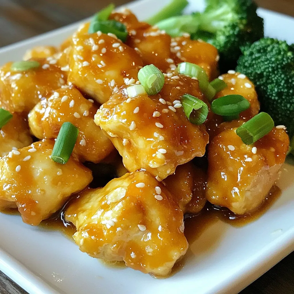 - 1 lb boneless, skinless chicken breast, cut into bite-sized pieces - 1/4 cup low-sodium soy sauce - 1/4 cup fresh orange juice - Zest of 1 orange - 2 tablespoons honey or maple syrup - 1 tablespoon sesame oil The chicken is the star of this dish. I love using boneless, skinless chicken breast. It cooks quickly and stays juicy. The marinade makes the chicken burst with flavor. The soy sauce adds depth, while the fresh orange juice gives a bright taste. Zest from the orange enhances the citrus notes. Honey or maple syrup brings a touch of sweetness. Sesame oil adds a nice nutty flavor that ties everything together. - 2 teaspoons cornstarch mixed with 2 teaspoons water - 1 tablespoon fresh ginger, minced - 2 garlic cloves, minced - 1 tablespoon sesame seeds - 2 green onions, thinly sliced - Salt and pepper to taste Ginger and garlic are key here. They add warmth and spice to the dish. The cornstarch thickens the sauce, making it rich and sticky. I sprinkle sesame seeds for crunch and texture. Green onions add freshness and color. Don't forget salt and pepper to enhance all the flavors. - 1 cup steamed broccoli (optional, for serving) Steamed broccoli is a great side. It adds color and nutrients. Plus, it soaks up the sauce well. You can also serve this dish with rice or noodles for a heartier meal. This recipe is versatile, so feel free to get creative with your sides! {{ingredient_image_1}} Start by making the marinade for the chicken. In a medium bowl, whisk together: - 1/4 cup low-sodium soy sauce - 1/4 cup fresh orange juice - Zest of 1 orange - 2 tablespoons honey or maple syrup - 1 tablespoon sesame oil - 1 tablespoon fresh ginger, minced - 2 garlic cloves, minced This mix adds flavor and moisture to the chicken. Set aside a small amount of this sauce for later use. It will complement the dish at the end. Next, heat a non-stick skillet over medium-high heat. Add the bite-sized chicken pieces. Season them with salt and pepper. Cook the chicken for about 5-7 minutes. Stir occasionally until it turns golden brown. This step ensures the chicken is juicy and flavorful. Once the chicken is cooked, pour the orange sauce from the bowl over it. Stir to coat all the pieces evenly. Bring the skillet to a gentle simmer. This allows the chicken to soak in the delicious sauce. To thicken the sauce, mix 2 teaspoons of cornstarch with 2 teaspoons of water in a small bowl. Add this mixture to the skillet while stirring continuously. After 1-2 minutes, the sauce will thicken nicely. This makes the dish richer and more satisfying. Remove the skillet from heat. Stir in the sesame seeds and half of the sliced green onions. You are now ready to serve. Enjoy this healthy orange sesame chicken over steamed broccoli for a complete meal. Drizzle the reserved sauce on top and garnish with the rest of the green onions for extra flavor and color. To keep your chicken juicy, start with good quality meat. I prefer boneless, skinless chicken breast. Cut it into bite-sized pieces for even cooking. Cook it over medium-high heat in a non-stick pan. This helps to lock in moisture. Don’t overcrowd the pan; give each piece space. Stir occasionally and avoid overcooking. Aim for a golden brown color, which takes about 5-7 minutes. You can add great flavor without extra calories. Use low-sodium soy sauce to keep salt in check. Fresh orange juice and zest give a bright taste. Honey or maple syrup adds sweetness without too much sugar. Fresh ginger and garlic boost the flavor profile. They also offer health benefits without added fat. Use sesame oil, but keep it light. Even sesame seeds can add a nice crunch without many calories. Use a large non-stick skillet or wok for best results. This allows for even cooking and easy stirring. A whisk is handy for mixing the marinade. A cutting board and sharp knife make prep simple. If you have a meat thermometer, use it to check the chicken’s doneness. Aim for an internal temperature of 165°F. A spatula helps when stirring the chicken in the pan. These tools make cooking smooth and fun! Pro Tips Marinate for Extra Flavor: Let the chicken marinate in the sauce for at least 30 minutes before cooking. This enhances the flavor profile and makes the chicken more tender. Use Fresh Ingredients: Fresh ginger and garlic will provide a more vibrant flavor compared to dried versions. Always opt for fresh when possible! Adjust Sweetness: Depending on your taste preference, you can adjust the amount of honey or maple syrup in the sauce to achieve your desired level of sweetness. Add More Veggies: Feel free to add other vegetables such as bell peppers or snap peas for added color and nutrition. Just toss them in the skillet during the last few minutes of cooking. {{image_2}} You can easily swap out ingredients in this recipe to fit your diet. If you want a gluten-free option, use tamari instead of soy sauce. To reduce sugar, try using a sugar substitute in place of honey or maple syrup. For a lower-calorie dish, use less sesame oil. If you are vegetarian, replace the chicken with tofu. It absorbs flavors well and adds protein. Grilling is a great way to add a smoky flavor. Just marinate the chicken and grill it until cooked through. Baking is another option. Preheat your oven to 400°F, place the chicken on a baking sheet, and bake for 20 minutes. You can also use an air fryer for a crispy texture. Cook the chicken at 375°F for about 12-15 minutes. This dish works well for many meals. For lunch, serve it in a wrap with lettuce and sliced veggies. For dinner, pair it with steamed broccoli as the recipe suggests. You can also serve it over brown rice or quinoa for extra fiber. For a light snack, try it cold in a salad with mixed greens and a citrus vinaigrette. You can store your Healthy Orange Sesame Chicken in an airtight container. Let it cool first to avoid steam. Place it in the fridge if you plan to eat it within three days. Make sure to separate the chicken from the broccoli to keep it fresh. To reheat, use a skillet on low heat. Add a splash of water or extra orange juice to keep it moist. Stir gently until it warms through. You can also use a microwave. Cover it and heat in short bursts to avoid drying it out. If you want to freeze it, pack the chicken in a freezer bag. Remove as much air as possible before sealing. It can last up to three months in the freezer. When ready to eat, thaw it overnight in the fridge. Reheat as mentioned above for the best taste. Yes, you can use frozen chicken. Just ensure you thaw it first. Thawing makes it easier to cut into bite-sized pieces. You can safely thaw chicken in the fridge overnight. If you're in a hurry, use the microwave's defrost setting. After thawing, follow the recipe as normal. This dish is healthy and tasty. Each serving has about 250 calories. It contains 30 grams of protein, 10 grams of fat, and 15 grams of carbs. It also has vitamins from orange juice and ginger. If you add broccoli, you gain fiber, too. Yes, you can make this dish gluten-free. Just swap low-sodium soy sauce for gluten-free soy sauce or tamari. Ensure all other ingredients are gluten-free. This way, you keep the great flavor without any gluten. Many veggies work well with this dish. Try bell peppers, snap peas, or carrots. You can also use bok choy or zucchini for a fresh taste. Feel free to mix and match your favorites. Adding colorful veggies makes the meal look great and boosts nutrition. This article covers everything you need for a great Healthy Orange Sesame Chicken. You learned about key ingredients, step-by-step cooking, tips for juicy chicken, and tasty variations. Don't forget to store leftovers properly for later enjoyment. If you focus on the right flavors and cooking tools, your chicken will shine. Feel free to adapt the recipe to fit your needs. Enjoy your cooking, and remember, the joy of this dish is in its simple adjustments and fresh tastes!